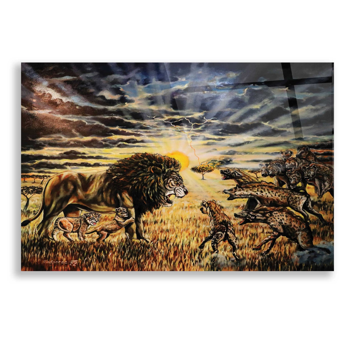 Epic Art 'Lion Hyenas' by Jan Kasparec, Acrylic Glass Wall Art,24x16