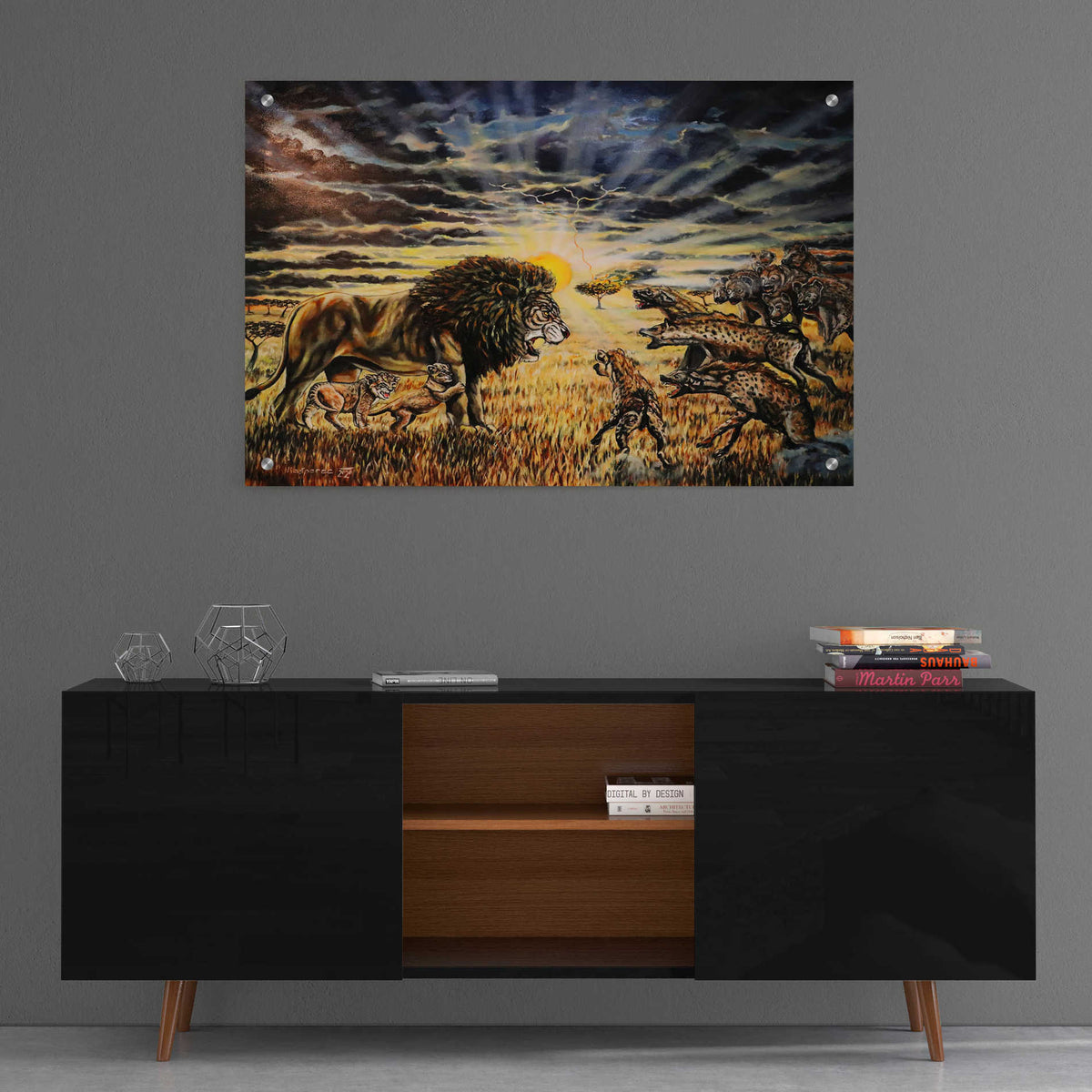 Epic Art 'Lion Hyenas' by Jan Kasparec, Acrylic Glass Wall Art,36x24