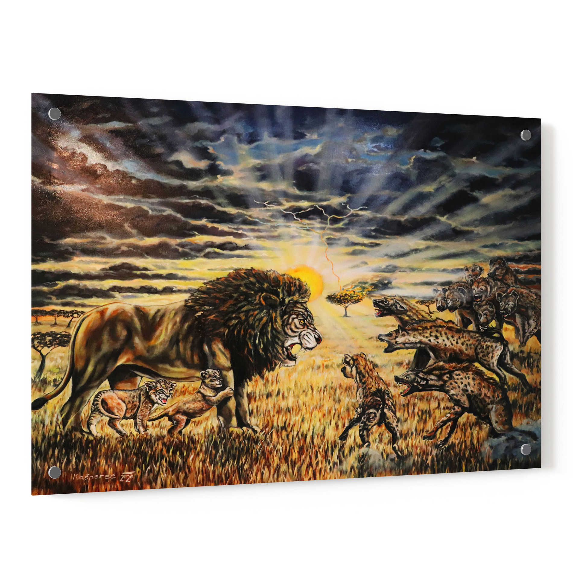 Epic Art 'Lion Hyenas' by Jan Kasparec, Acrylic Glass Wall Art,36x24