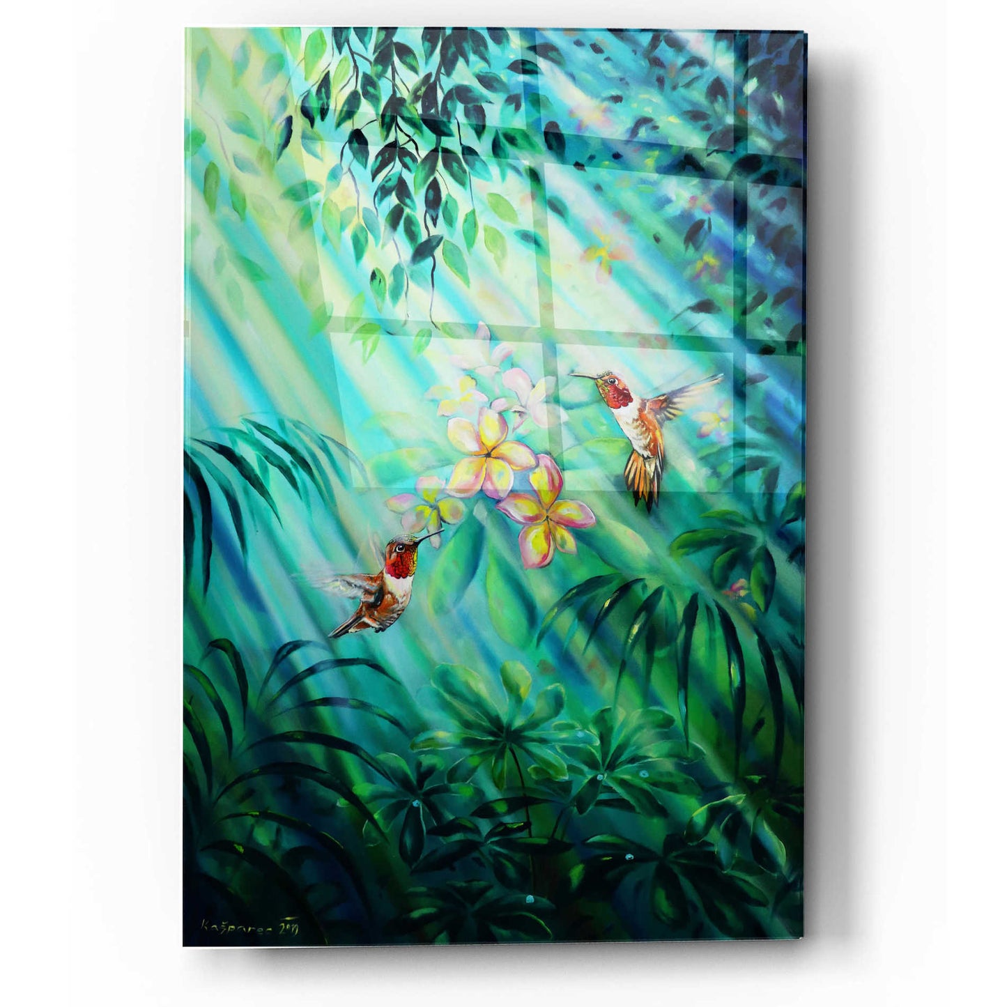 Epic Art 'Hummingbirds Plumeria' by Jan Kasparec, Acrylic Glass Wall Art,12x16