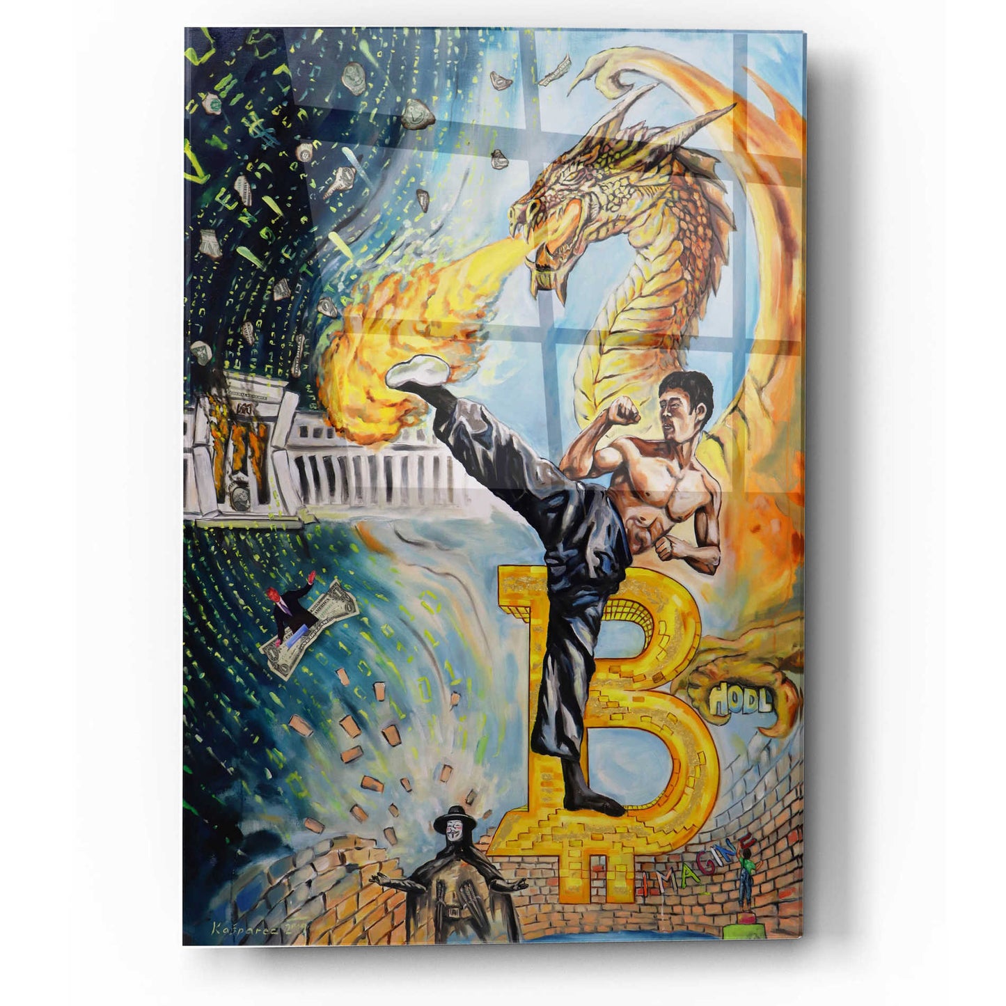 Epic Art 'Bitcoin Bruce Lee' by Jan Kasparec, Acrylic Glass Wall Art,12x16