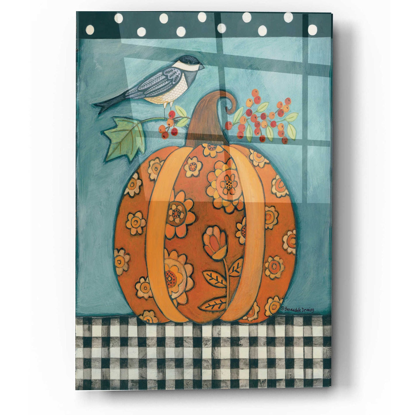 Epic Art "Patterned Pumpkin and Bird" by Bernadette Deming, Acrylic Glass Wall Art,12x16