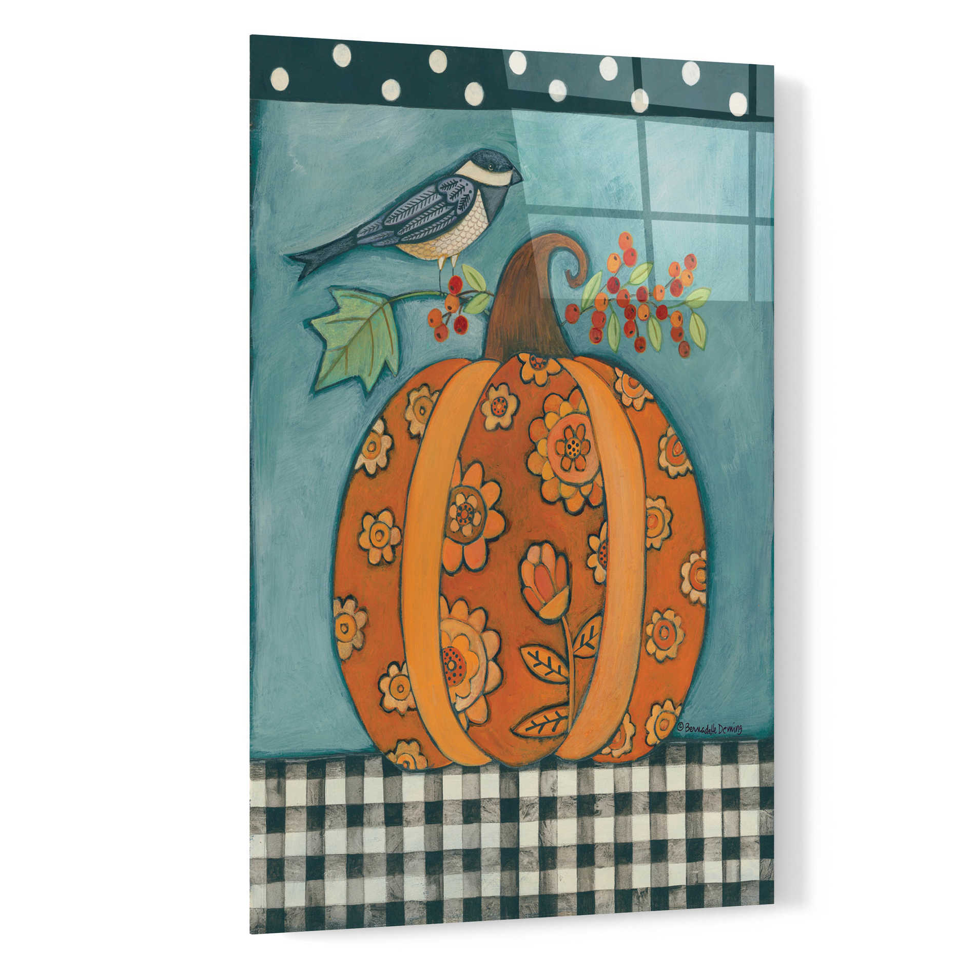 Epic Art "Patterned Pumpkin and Bird" by Bernadette Deming, Acrylic Glass Wall Art,16x24