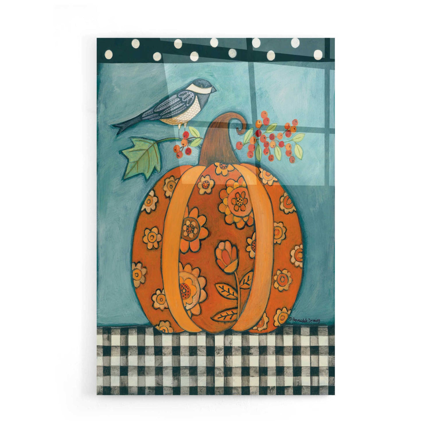 Epic Art "Patterned Pumpkin and Bird" by Bernadette Deming, Acrylic Glass Wall Art,16x24