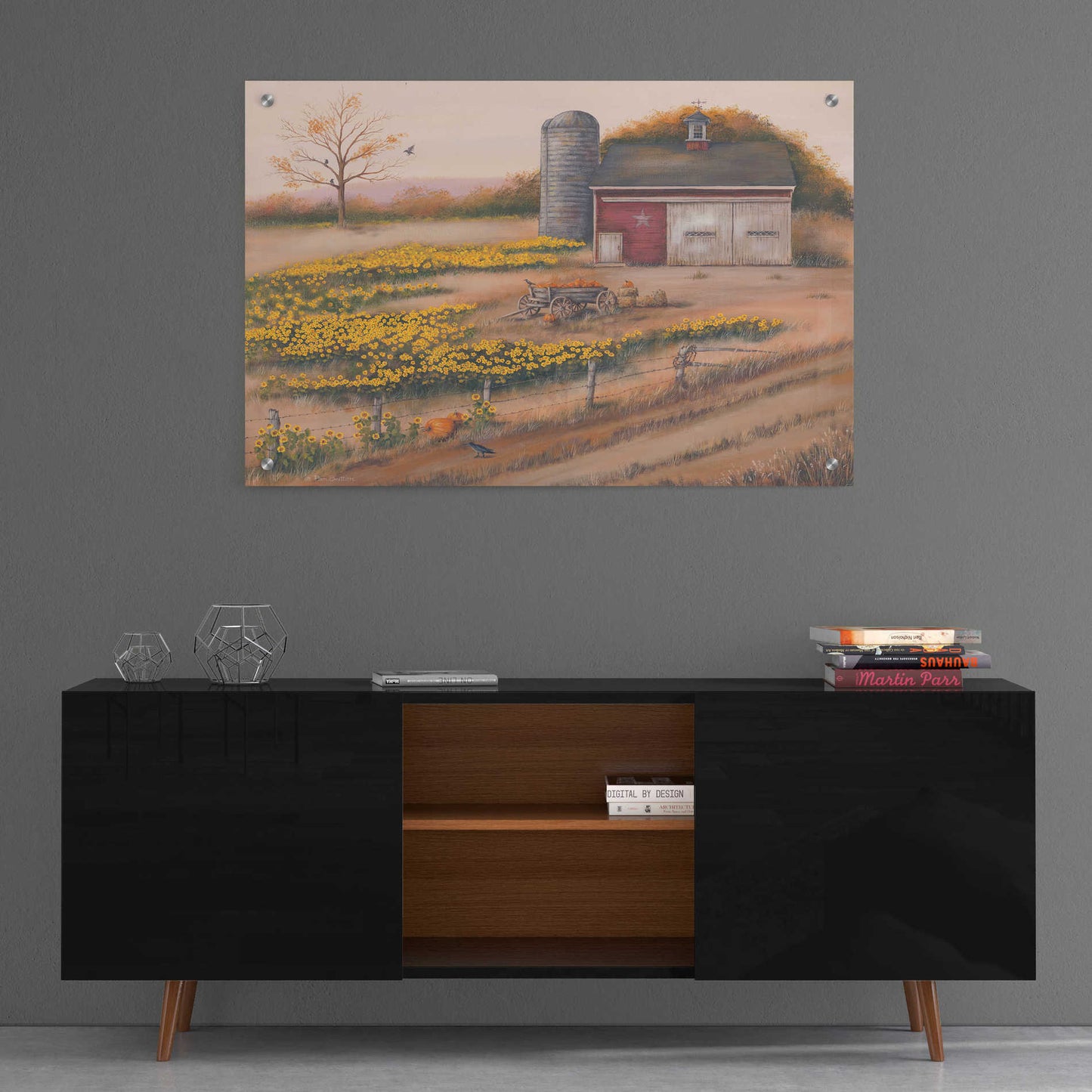 Epic Art 'Barn & Sunflowers I' by Pam Britton, Acrylic Glass Wall Art,36x24
