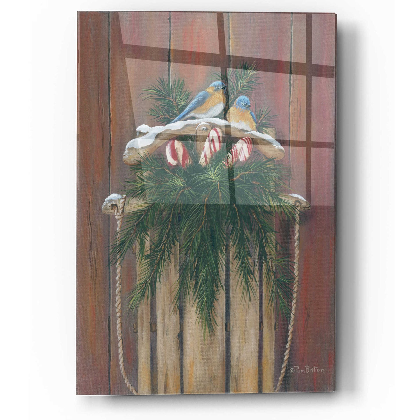 Epic Art 'Bluebirds & Sled' by Pam Britton, Acrylic Glass Wall Art,12x16