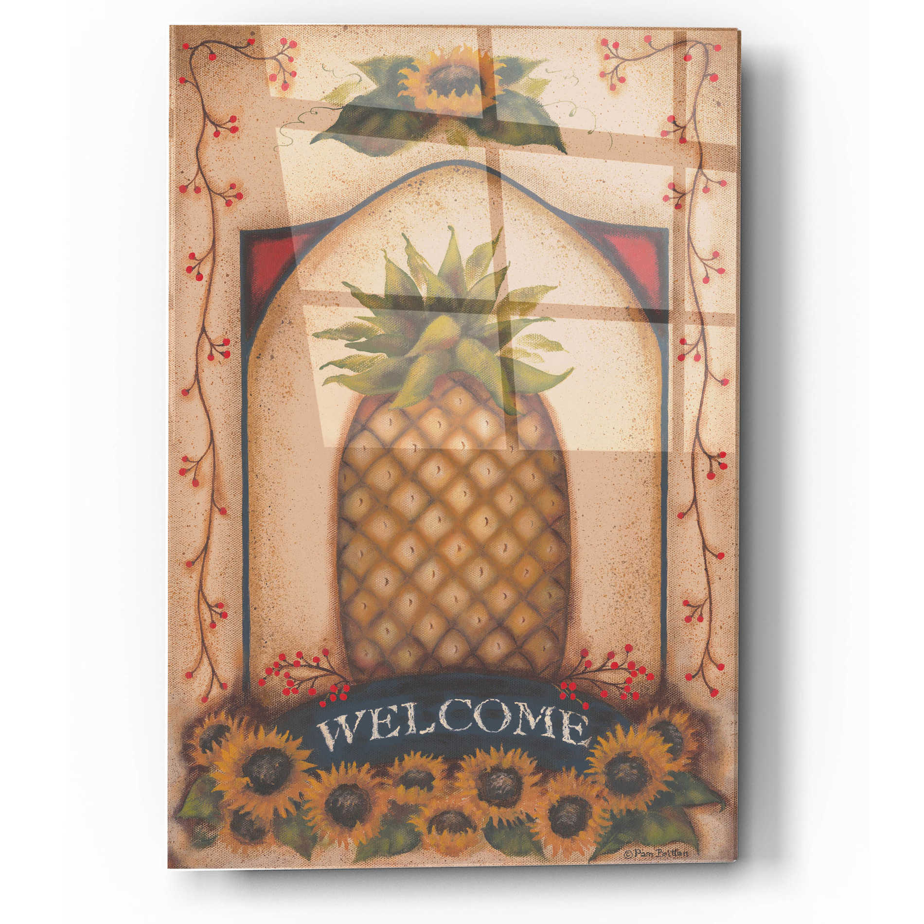 Epic Art 'Welcome Pineapple & Sunflowers' by Pam Britton, Acrylic Glass Wall Art,12x16
