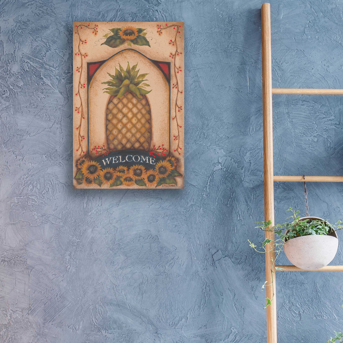 Epic Art 'Welcome Pineapple & Sunflowers' by Pam Britton, Acrylic Glass Wall Art,16x24