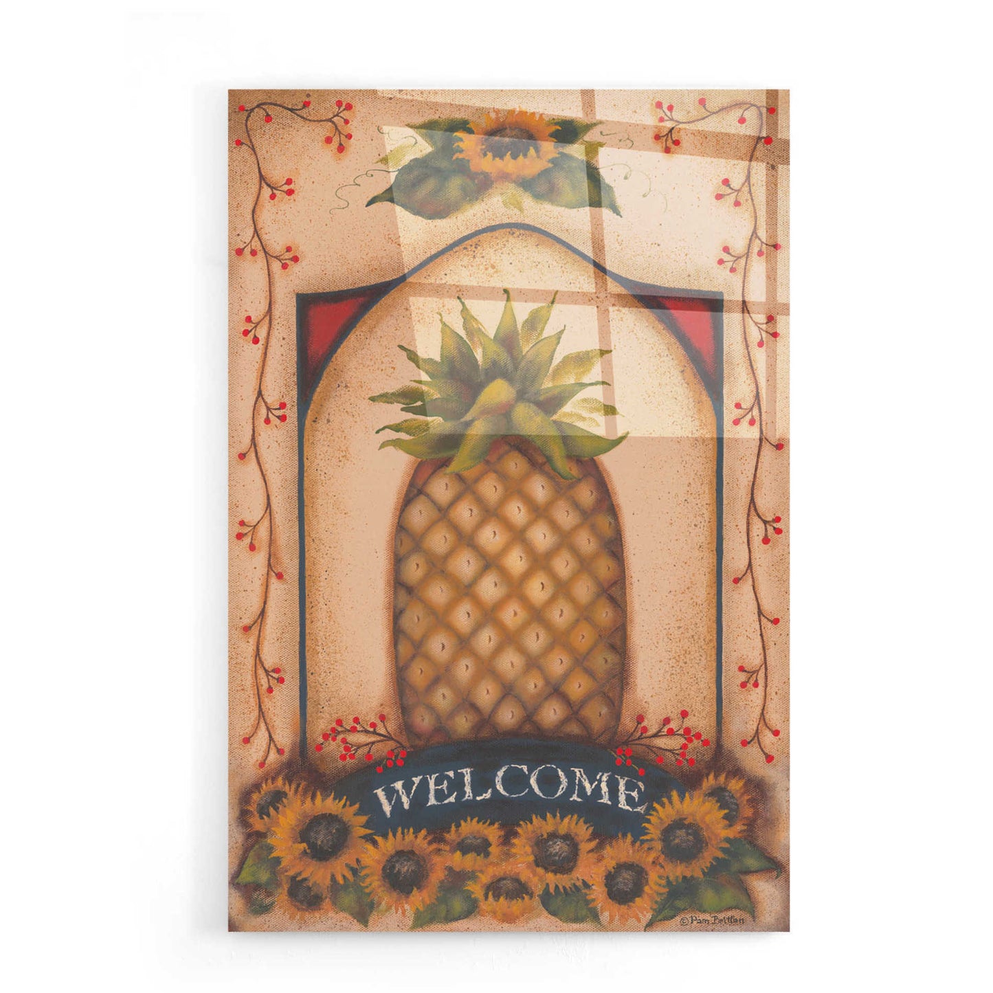 Epic Art 'Welcome Pineapple & Sunflowers' by Pam Britton, Acrylic Glass Wall Art,16x24