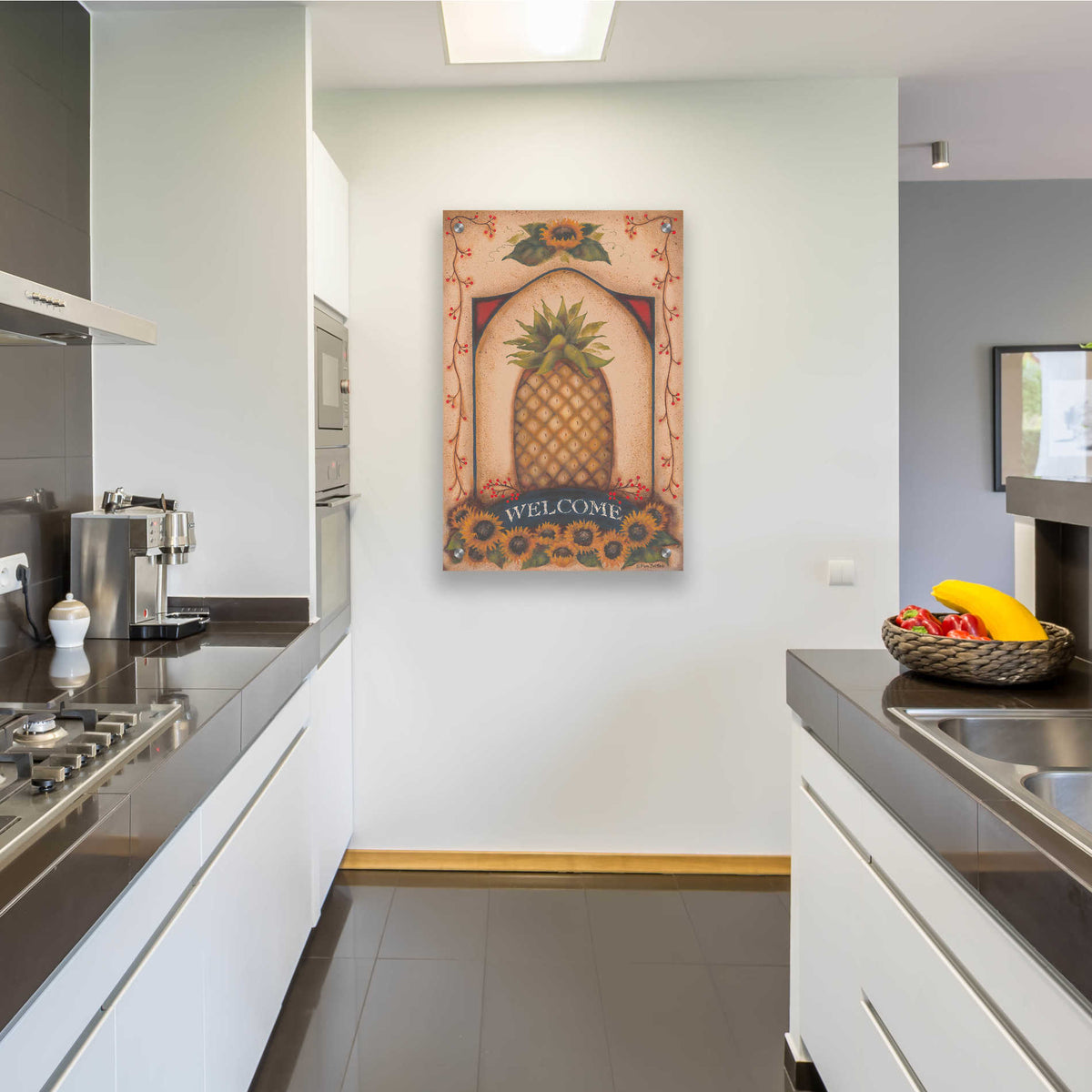 Epic Art 'Welcome Pineapple & Sunflowers' by Pam Britton, Acrylic Glass Wall Art,24x36