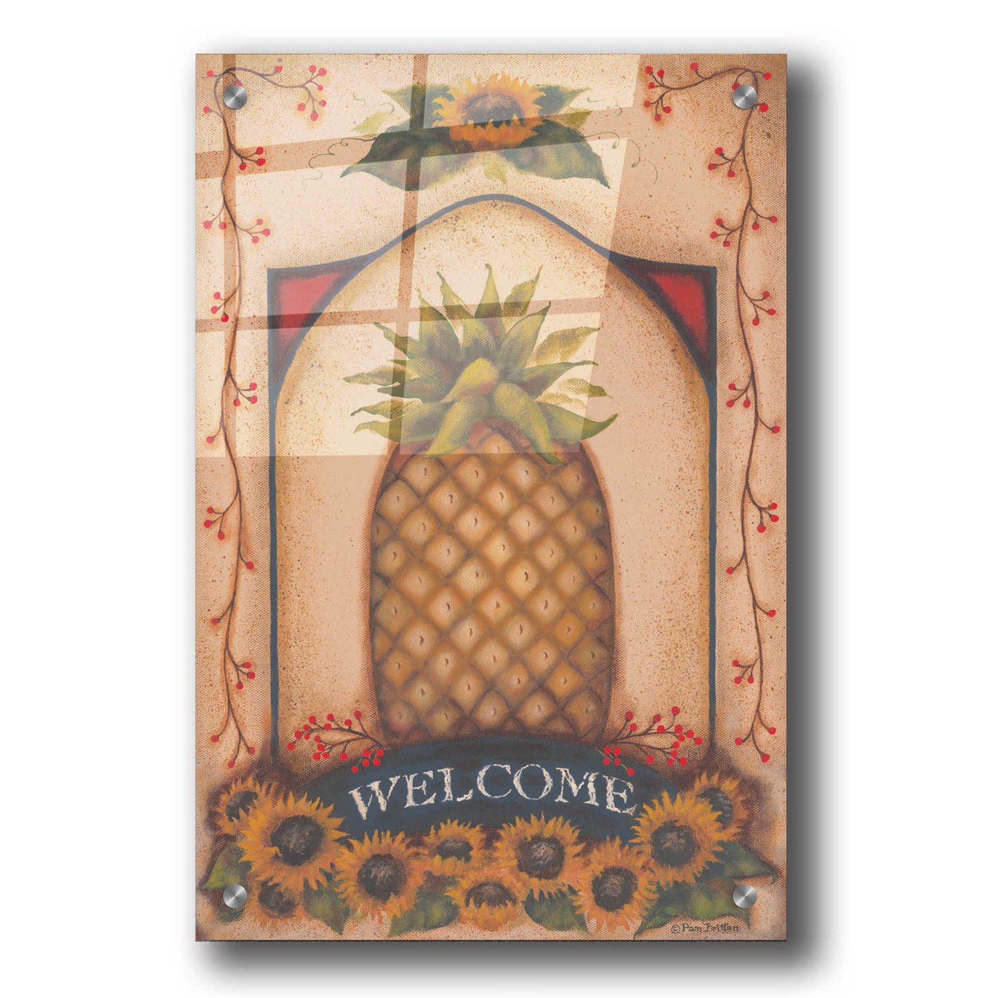 Epic Art 'Welcome Pineapple & Sunflowers' by Pam Britton, Acrylic Glass Wall Art,24x36
