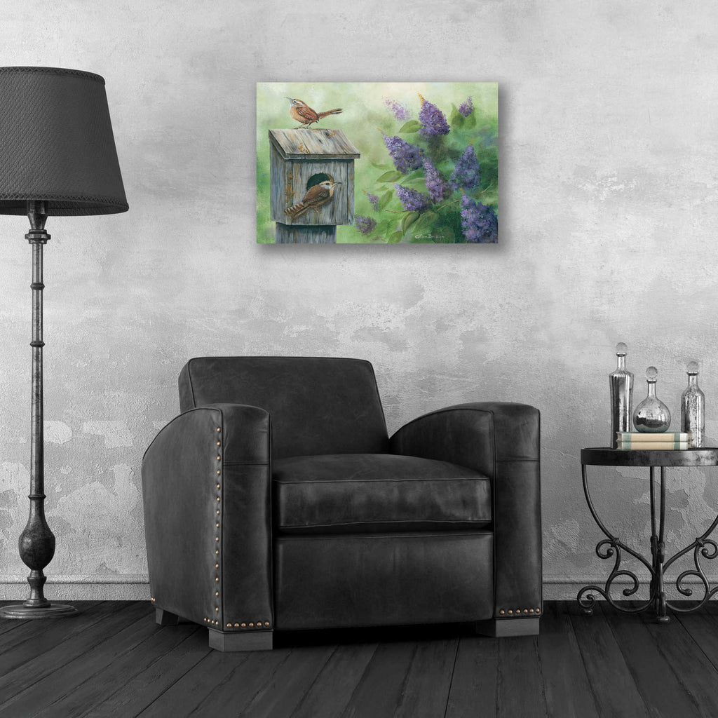 Epic Art 'Wrens & Lilacs' by Pam Britton, Acrylic Glass Wall Art,24x16