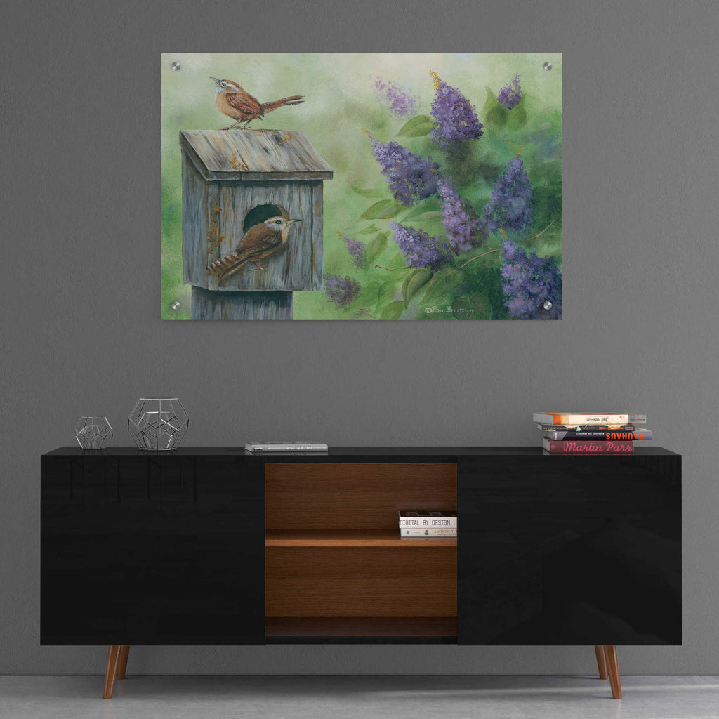 Epic Art 'Wrens & Lilacs' by Pam Britton, Acrylic Glass Wall Art,36x24