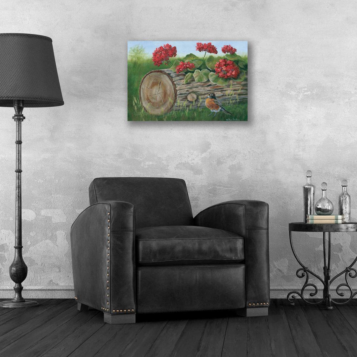 Epic Art 'Robin & Germaniums' by Pam Britton, Acrylic Glass Wall Art,24x16