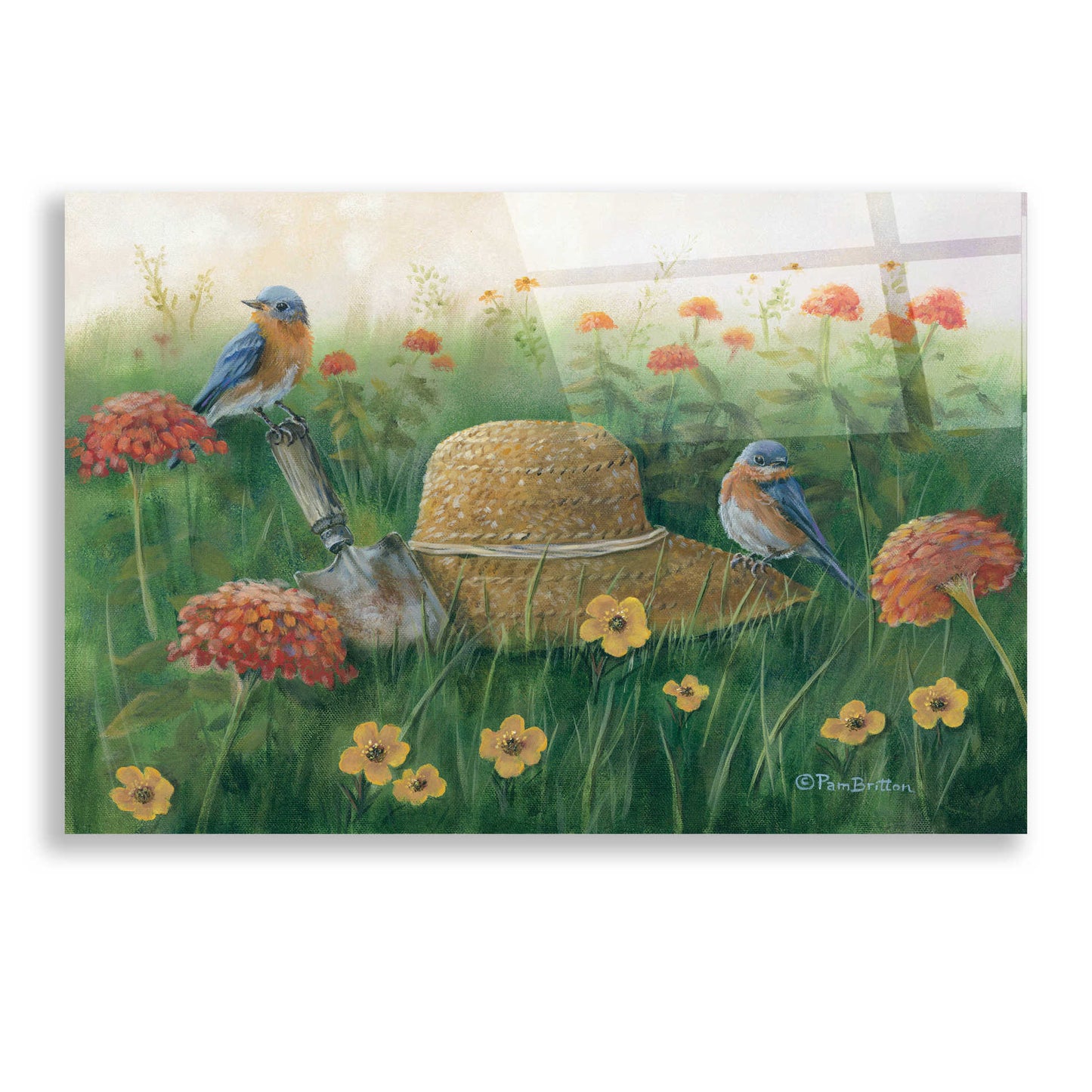 Epic Art 'Bluebirds & Straw Hat' by Pam Britton, Acrylic Glass Wall Art,24x16