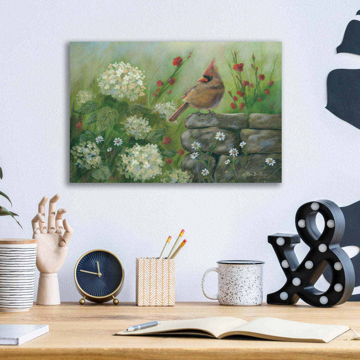 Epic Art 'Cardinal & Hydrangeas' by Pam Britton, Acrylic Glass Wall Art,16x12