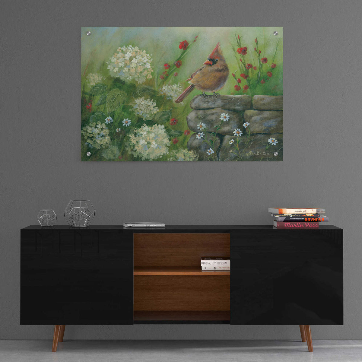 Epic Art 'Cardinal & Hydrangeas' by Pam Britton, Acrylic Glass Wall Art,36x24