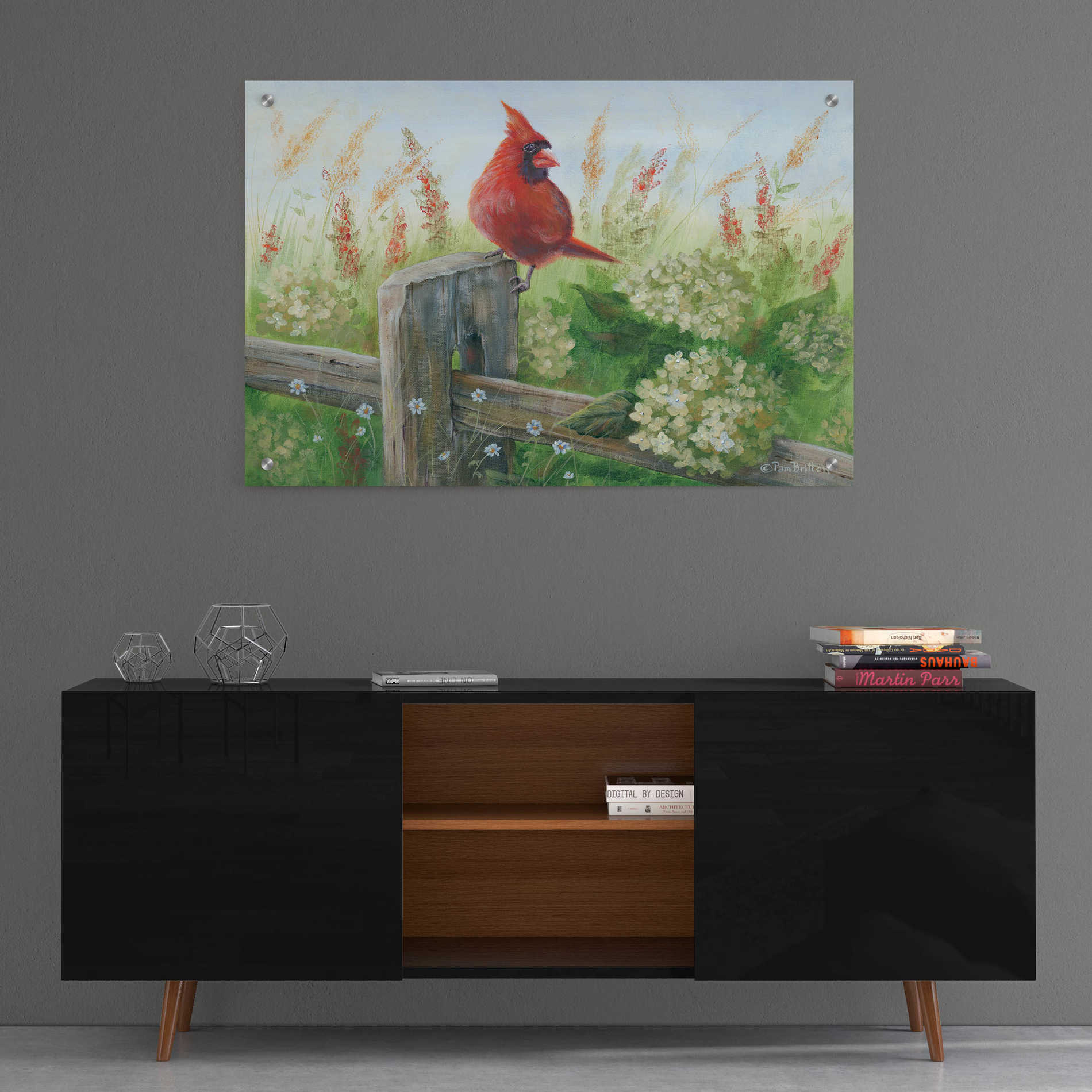 Epic Art 'Cardinal on Fence' by Pam Britton, Acrylic Glass Wall Art,36x24