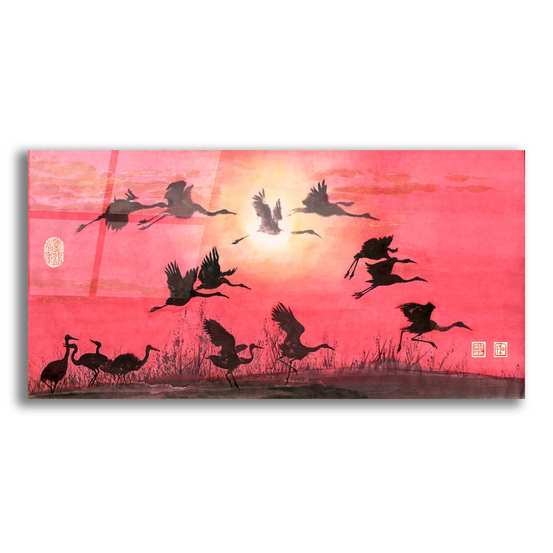 Epic Art 'Siege of Cranes' by River Han, Acrylic Glass Wall Art,24x12