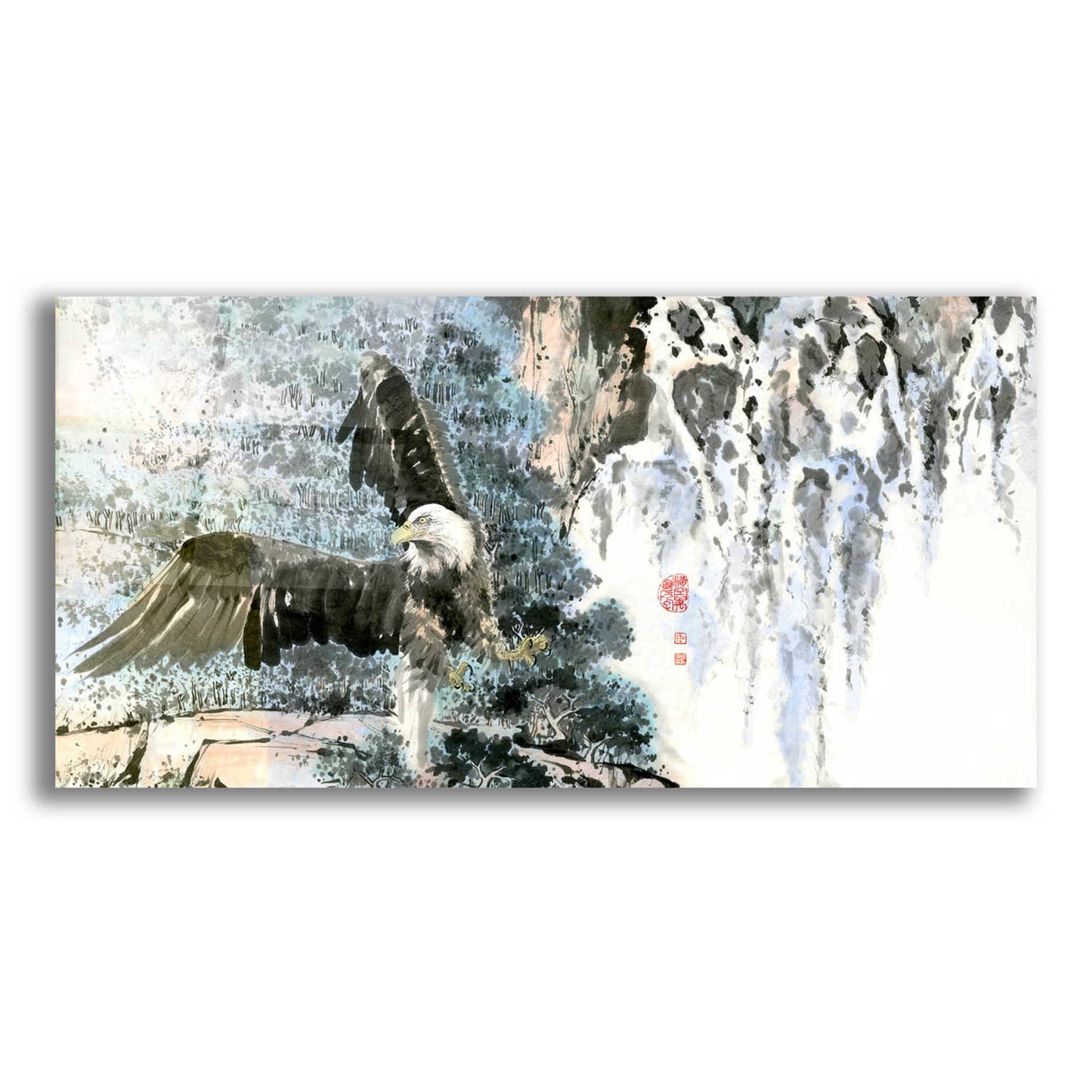 Epic Art 'Bald Eagle Over Cascading Waterfalls' by River Han, Acrylic Glass Wall Art,24x12