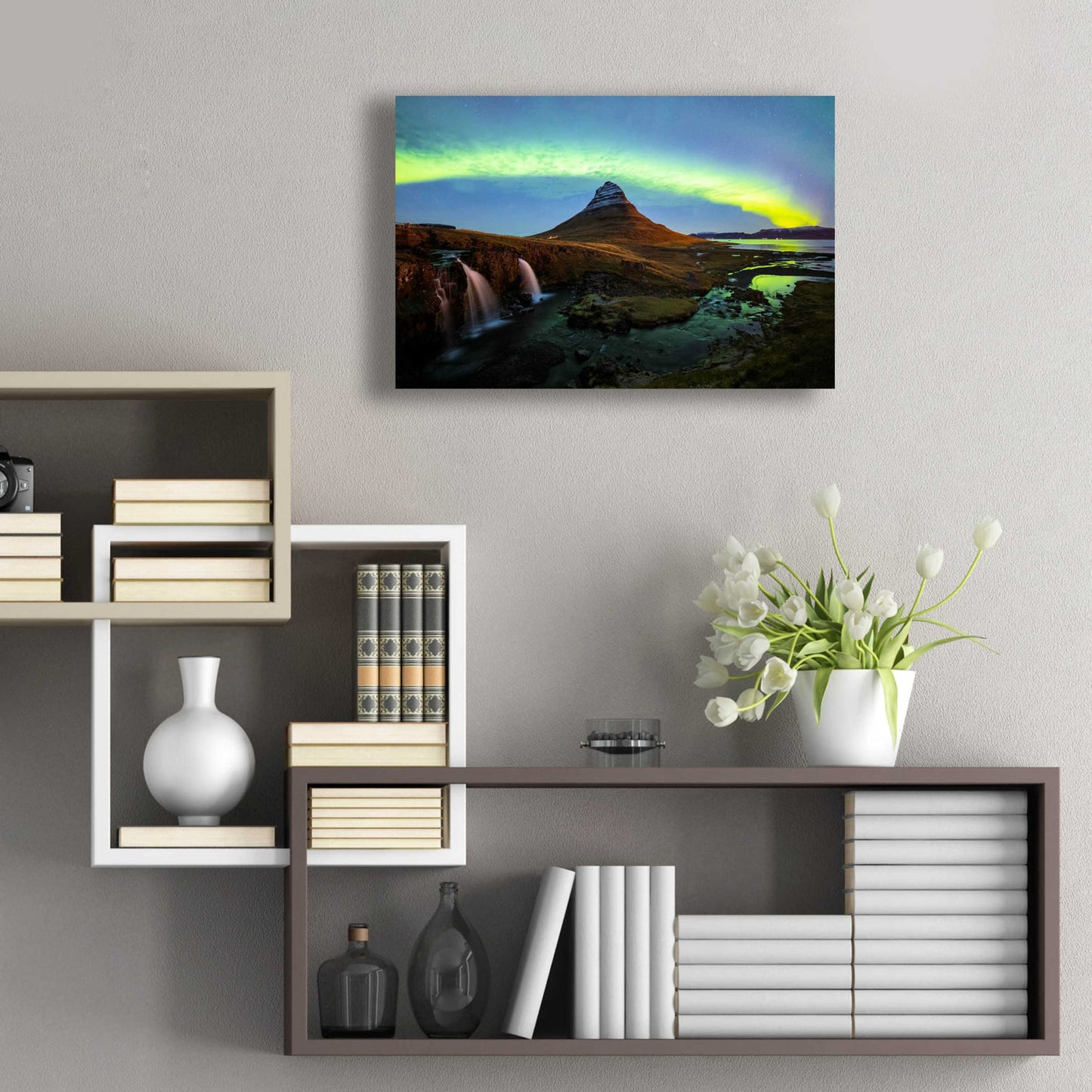 Epic Art 'Northern Light Aurora Borealis Over Kirkjufell 1' by Epic Portfolio, Acrylic Glass Wall Art,24x16