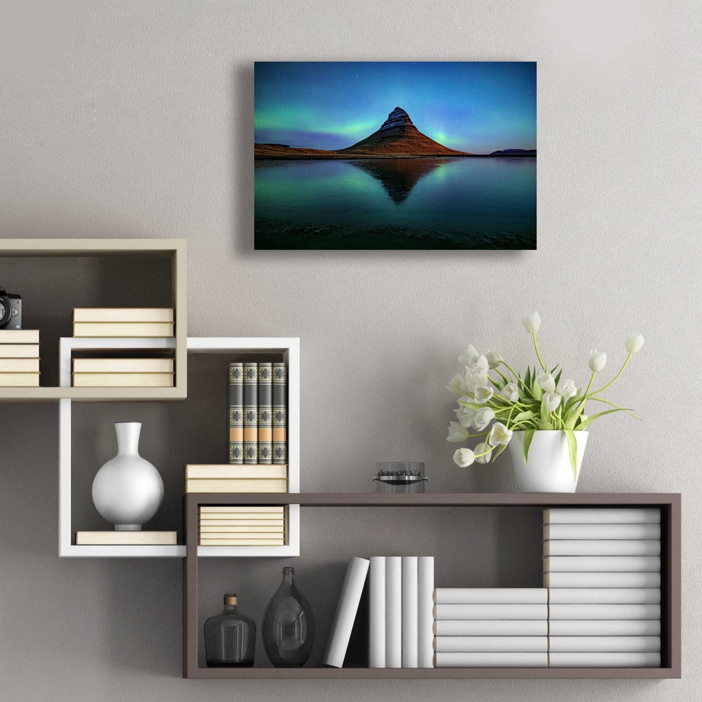 Epic Art 'Northern Light Aurora Borealis Over Kirkjufell 2' by Epic Portfolio, Acrylic Glass Wall Art,24x16