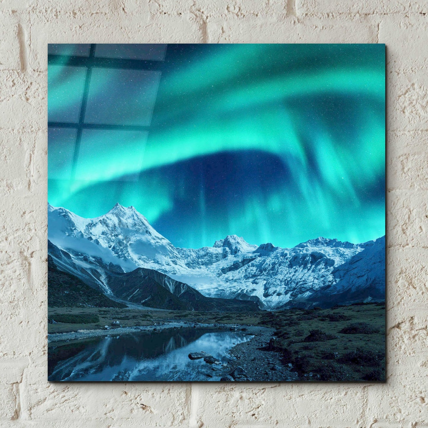 Epic Art 'Northern Lights Above Snow Covered Rocks' by Epic Portfolio, Acrylic Glass Wall Art,12x12