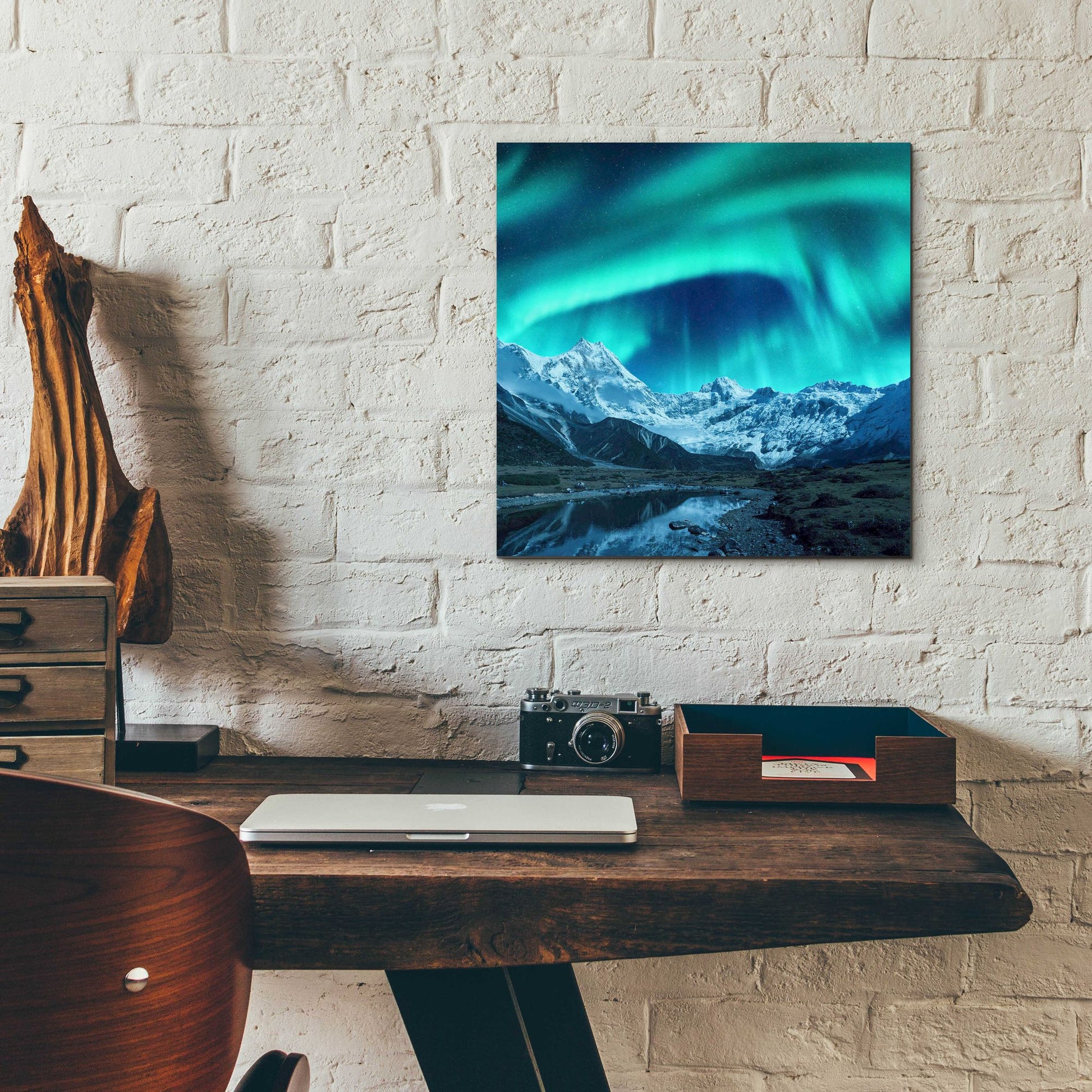 Epic Art 'Northern Lights Above Snow Covered Rocks' by Epic Portfolio, Acrylic Glass Wall Art,12x12