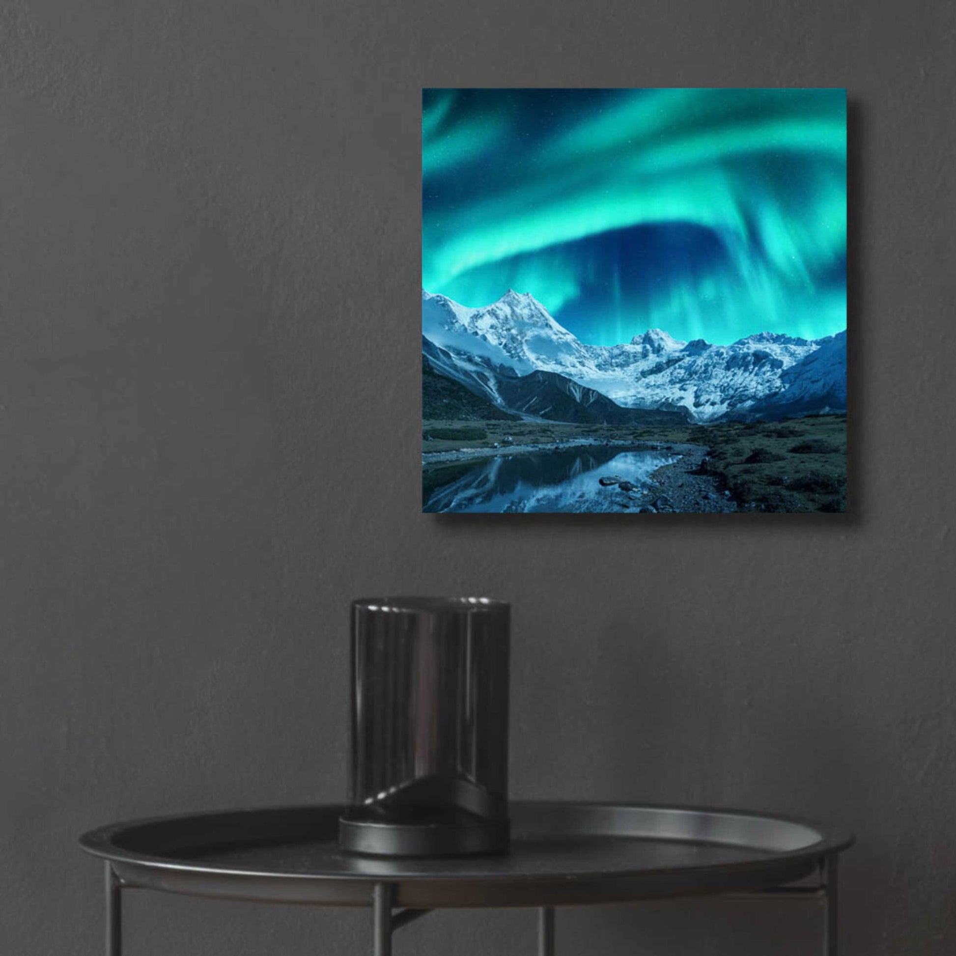 Epic Art 'Northern Lights Above Snow Covered Rocks' by Epic Portfolio, Acrylic Glass Wall Art,12x12