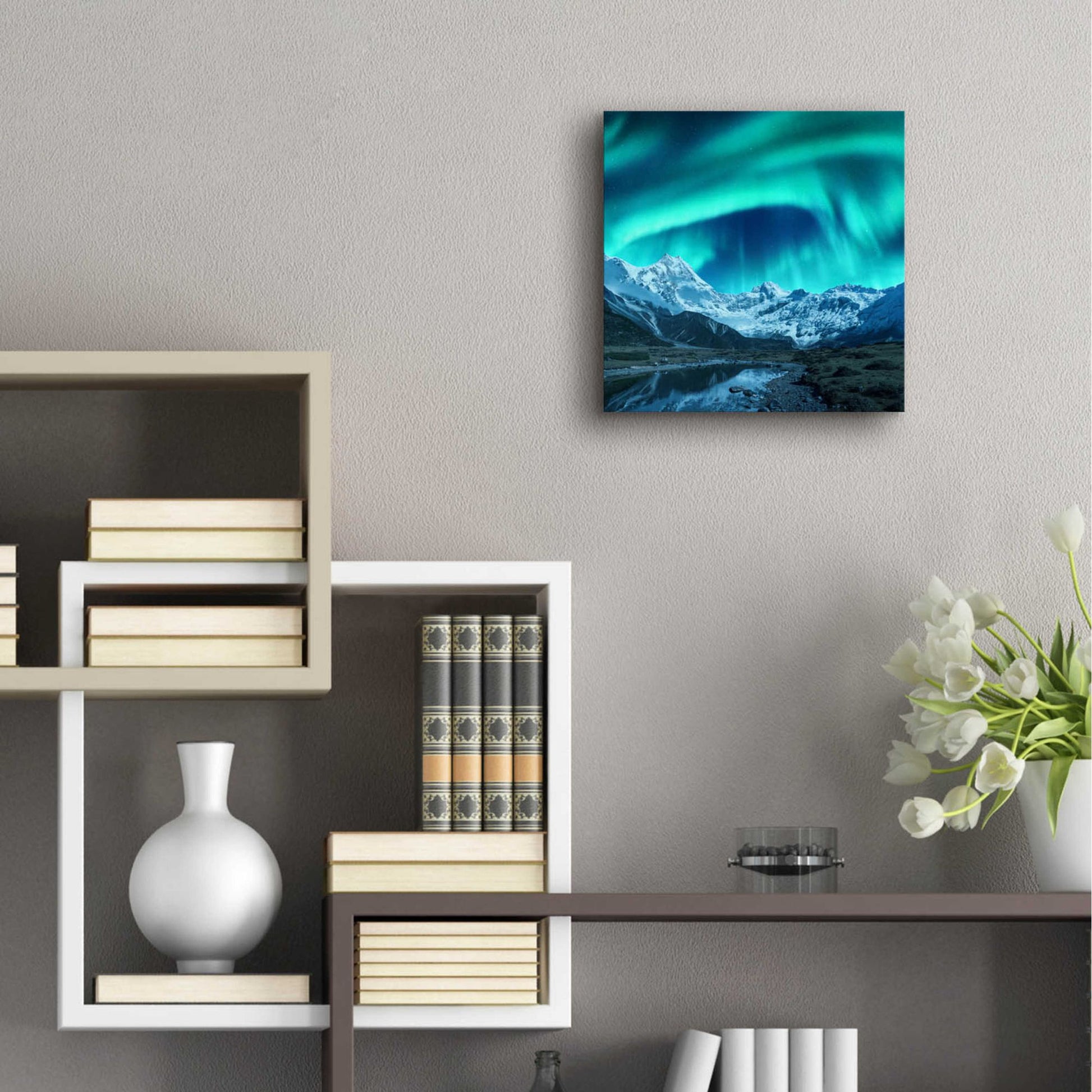 Epic Art 'Northern Lights Above Snow Covered Rocks' by Epic Portfolio, Acrylic Glass Wall Art,12x12