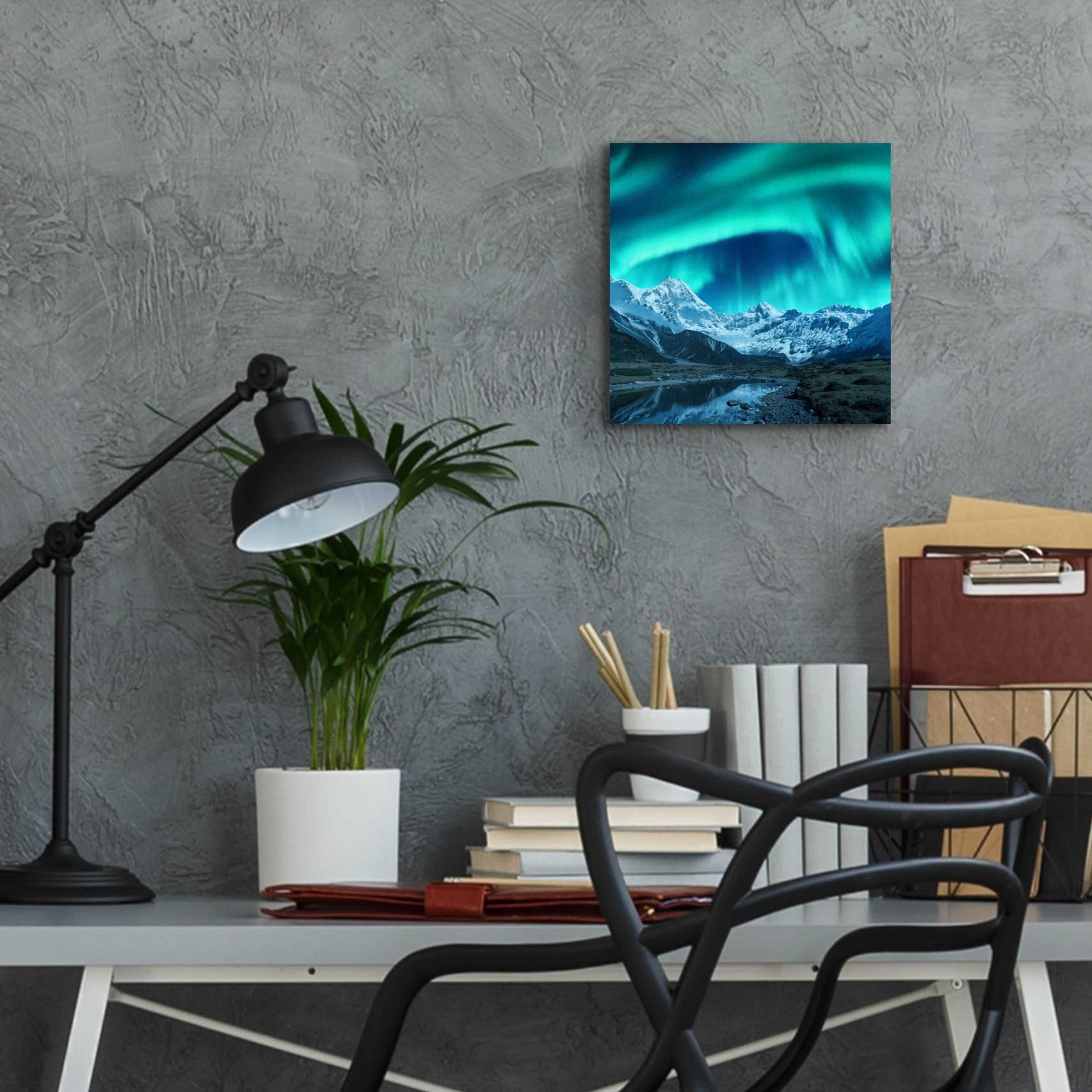 Epic Art 'Northern Lights Above Snow Covered Rocks' by Epic Portfolio, Acrylic Glass Wall Art,12x12