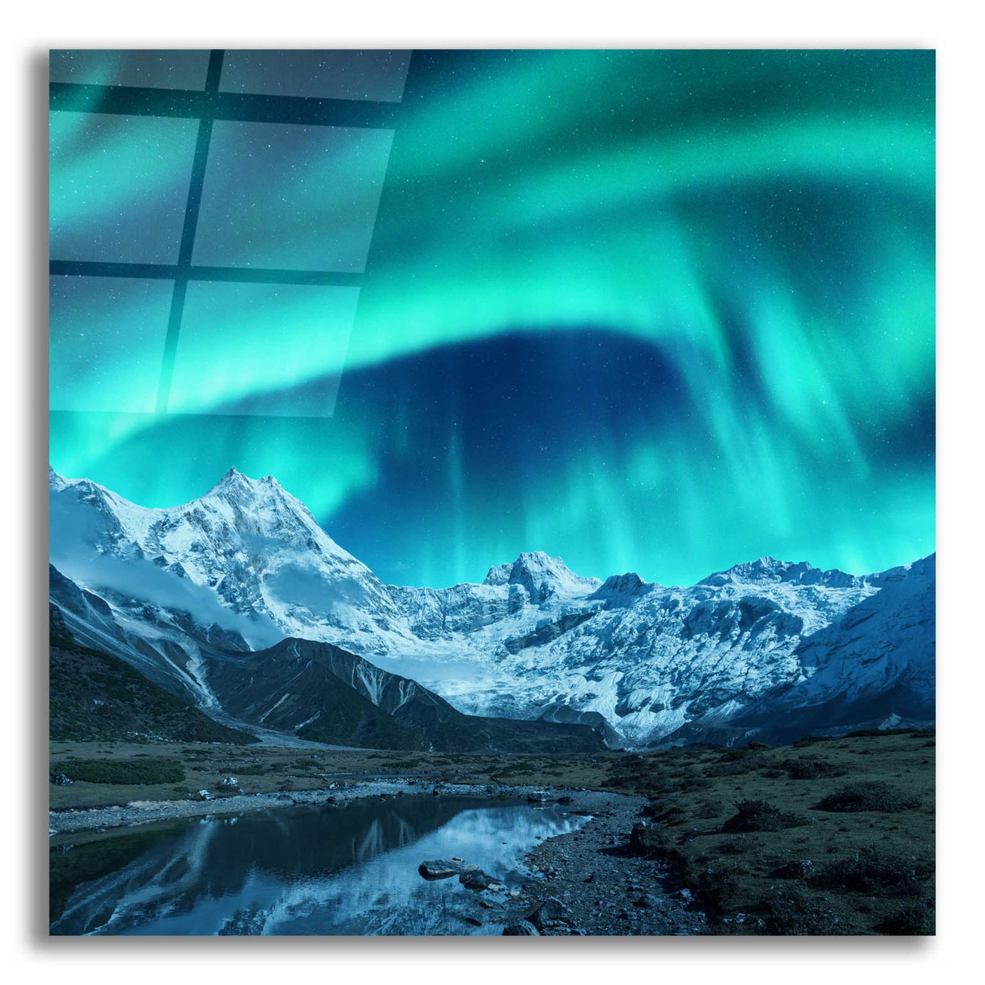 Epic Art 'Northern Lights Above Snow Covered Rocks' by Epic Portfolio, Acrylic Glass Wall Art,12x12