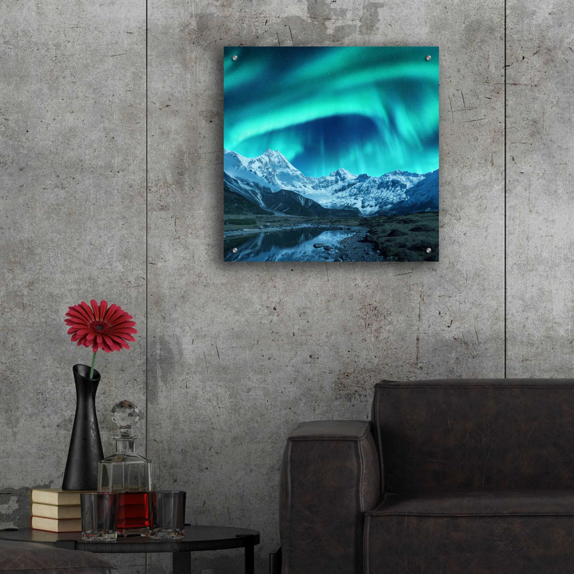 Epic Art 'Northern Lights Above Snow Covered Rocks' by Epic Portfolio, Acrylic Glass Wall Art,24x24