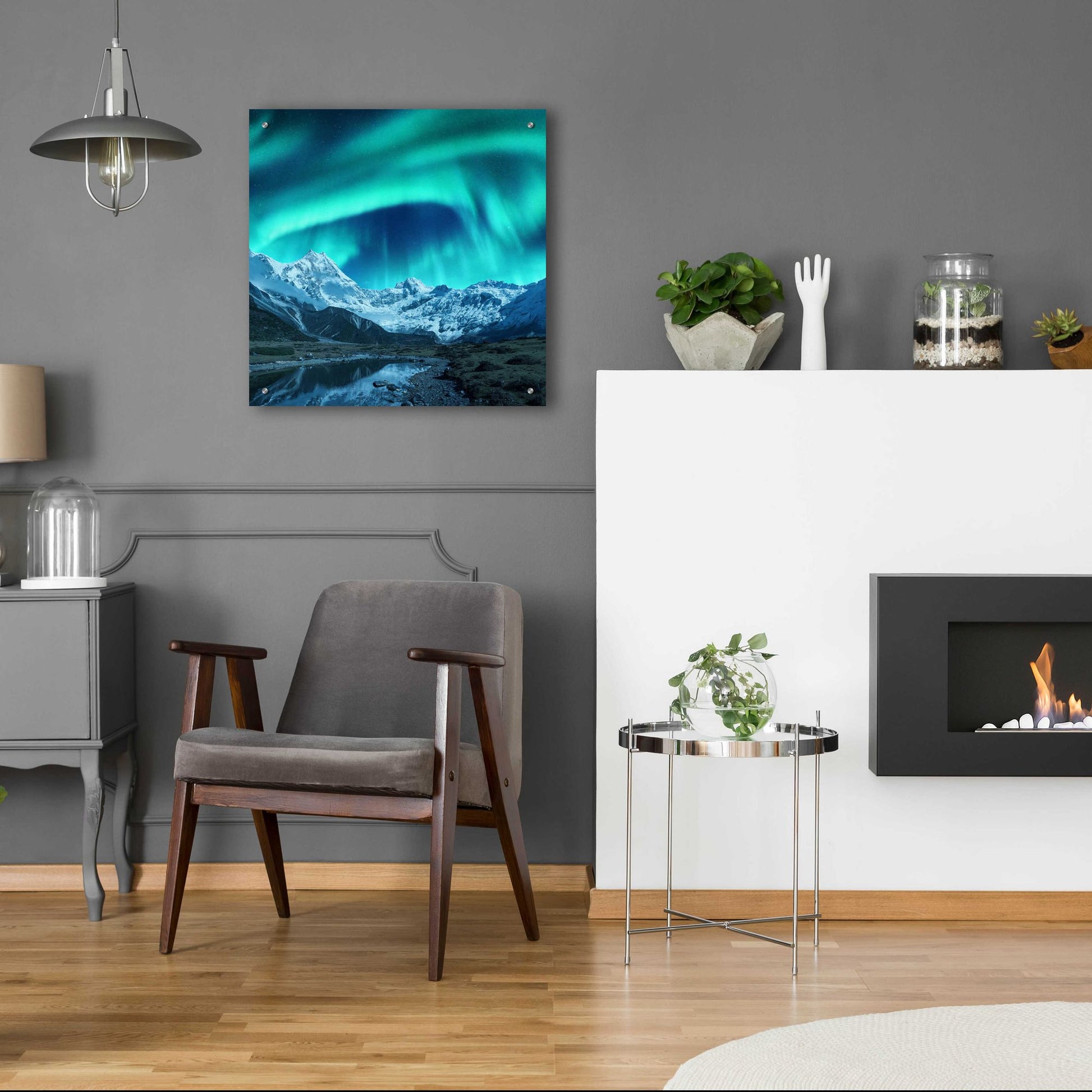 Epic Art 'Northern Lights Above Snow Covered Rocks' by Epic Portfolio, Acrylic Glass Wall Art,24x24