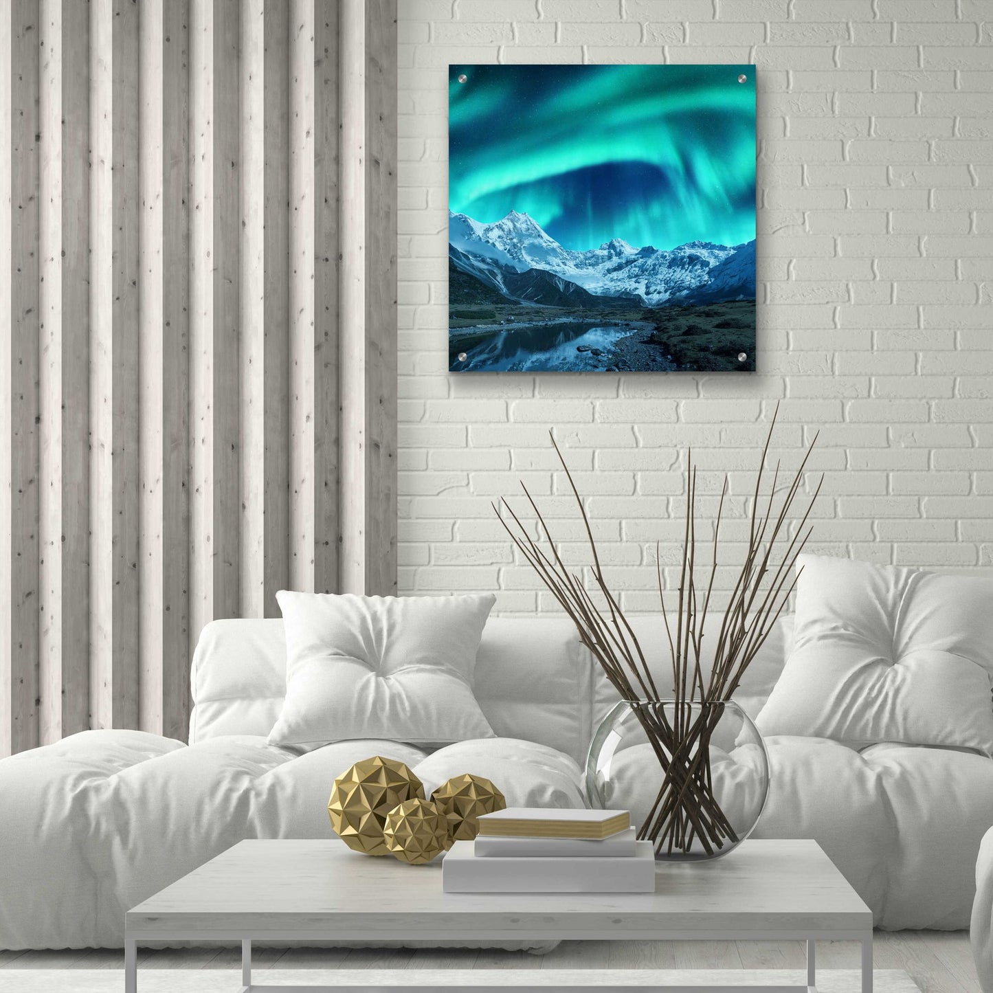 Epic Art 'Northern Lights Above Snow Covered Rocks' by Epic Portfolio, Acrylic Glass Wall Art,24x24