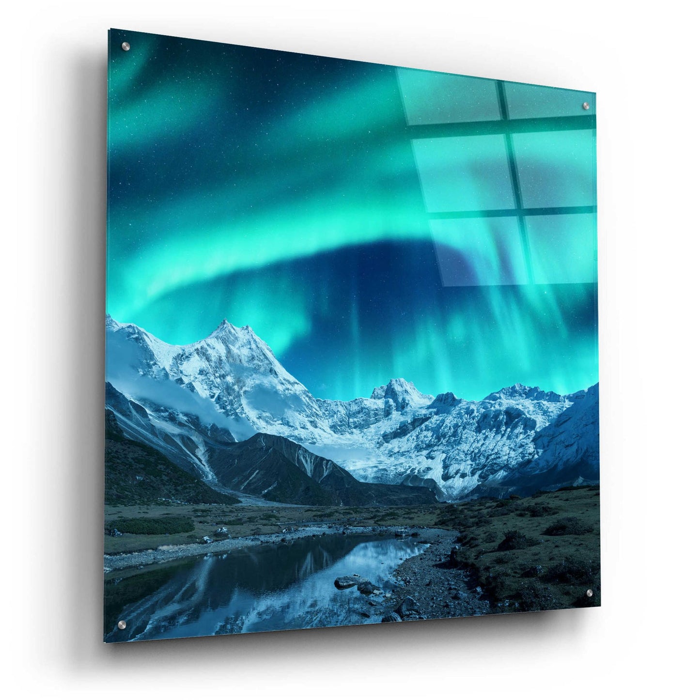 Epic Art 'Northern Lights Above Snow Covered Rocks' by Epic Portfolio, Acrylic Glass Wall Art,36x36