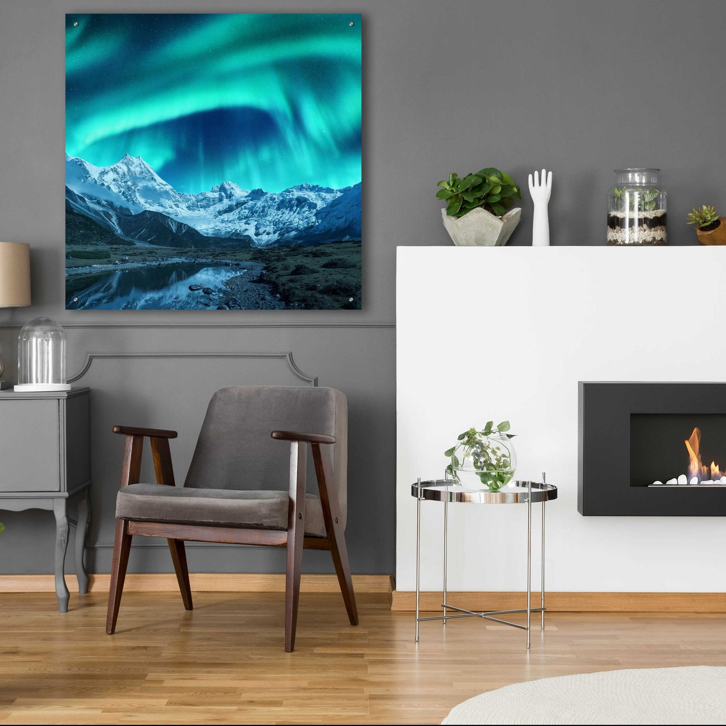 Epic Art 'Northern Lights Above Snow Covered Rocks' by Epic Portfolio, Acrylic Glass Wall Art,36x36