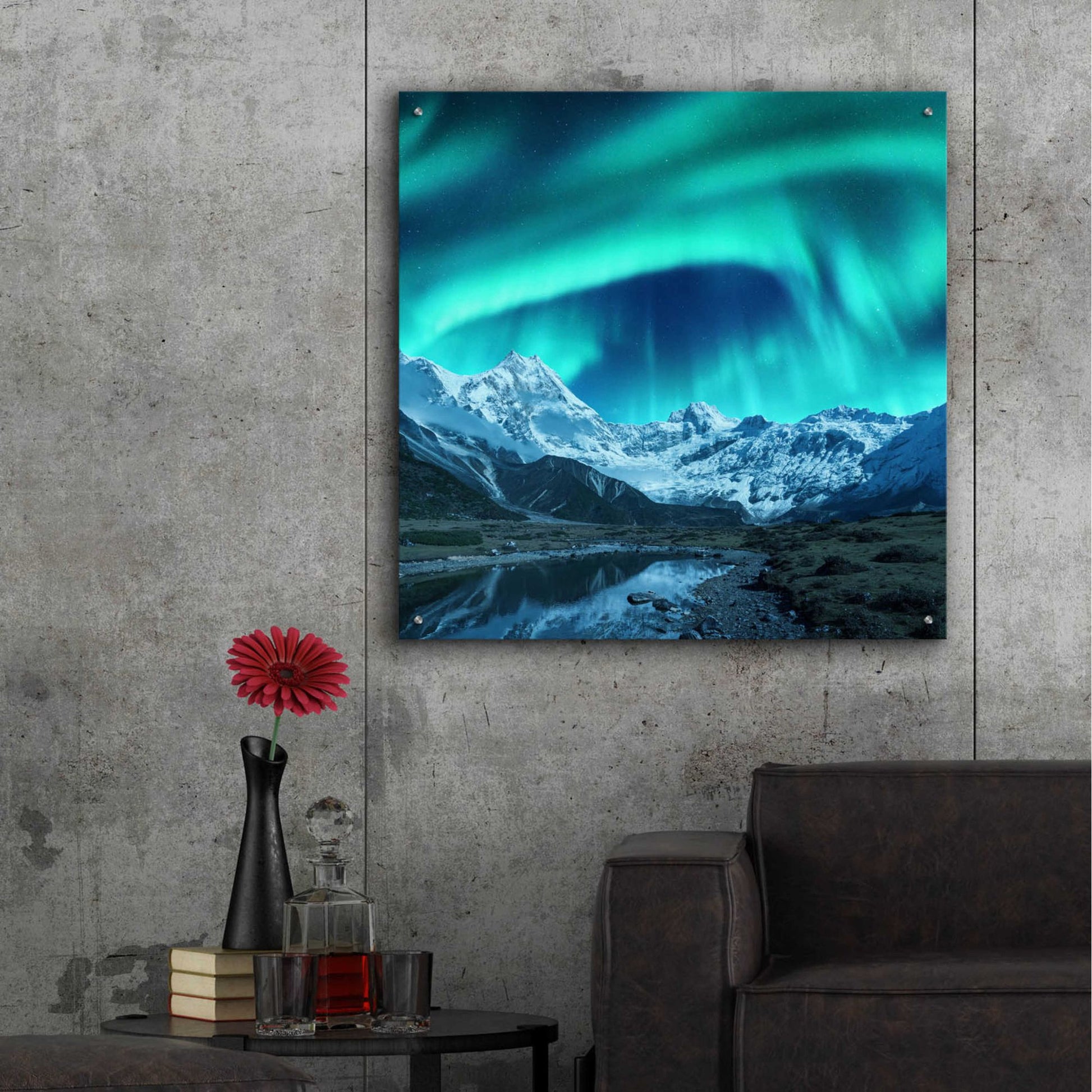 Epic Art 'Northern Lights Above Snow Covered Rocks' by Epic Portfolio, Acrylic Glass Wall Art,36x36