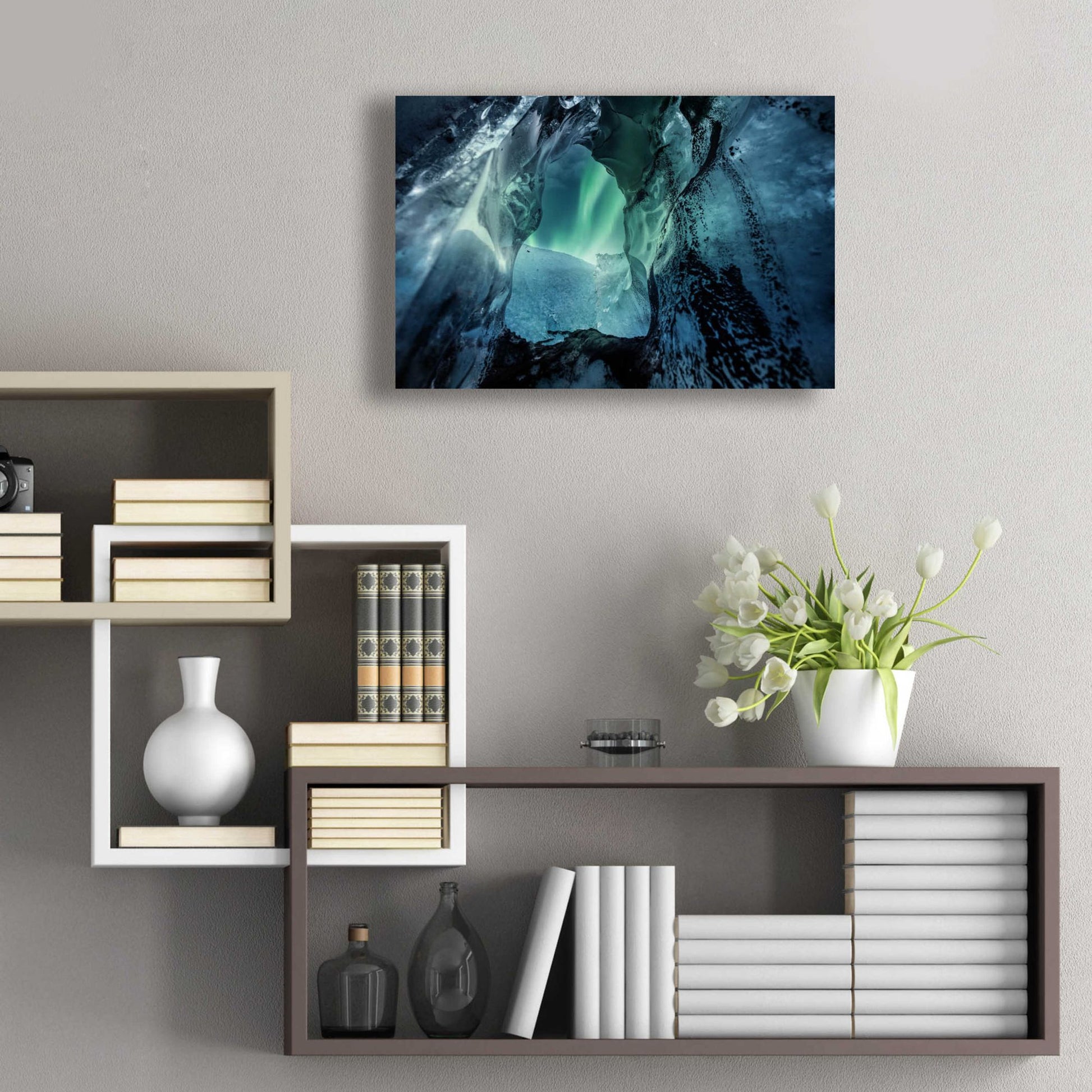 Epic Art 'Northern Lights Aurora Borealis Over Glacier Ice 3' by Epic Portfolio, Acrylic Glass Wall Art,24x16