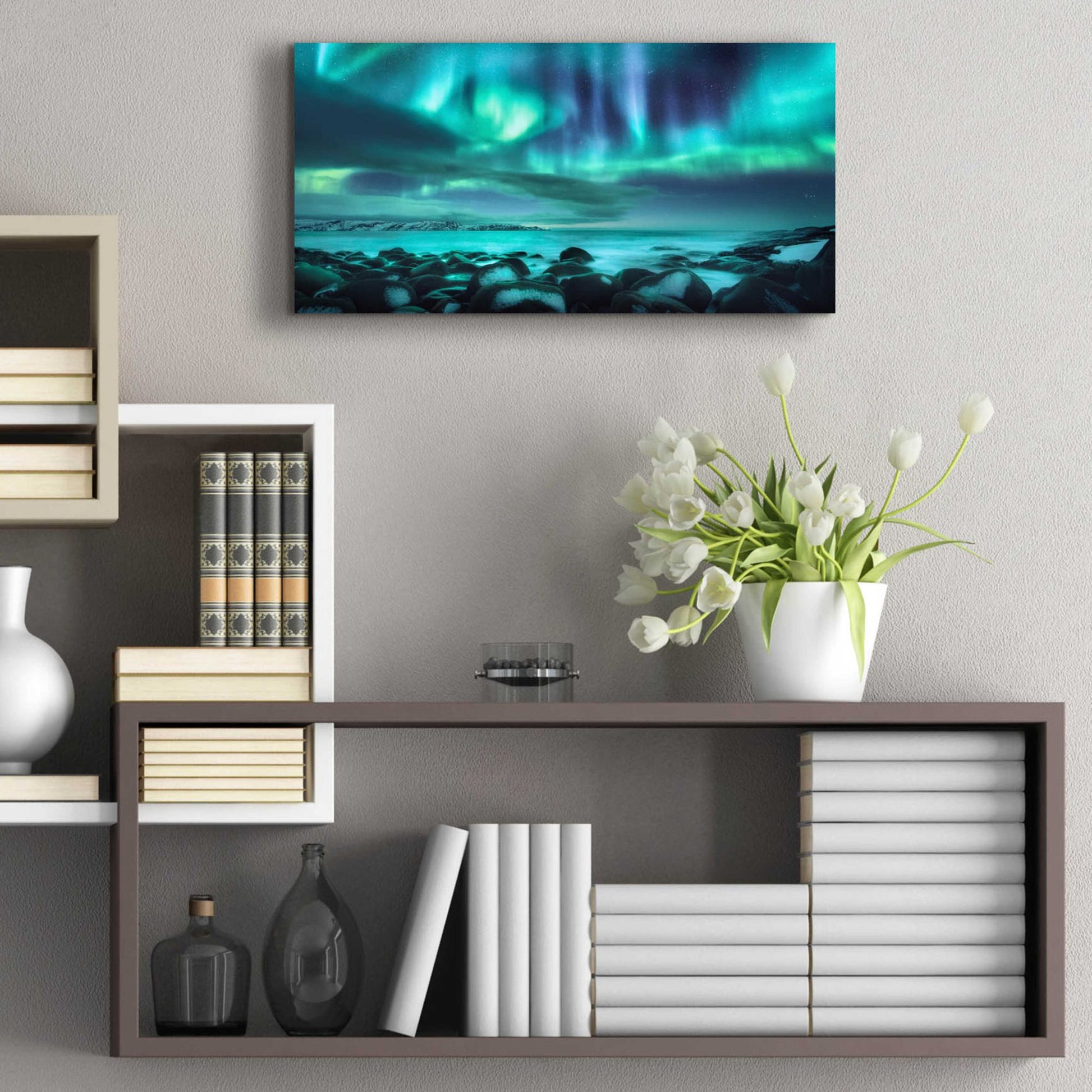 Epic Art 'Northern Lights Aurora Borealis Over Ocean' by Epic Portfolio, Acrylic Glass Wall Art,24x12