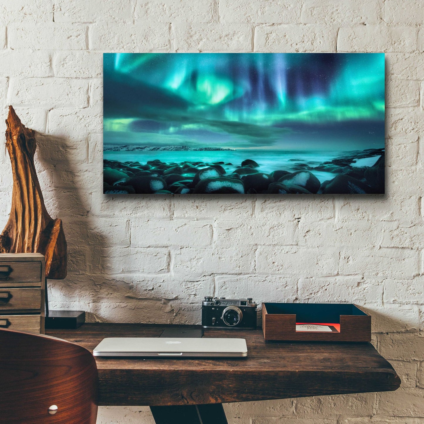 Epic Art 'Northern Lights Aurora Borealis Over Ocean' by Epic Portfolio, Acrylic Glass Wall Art,24x12