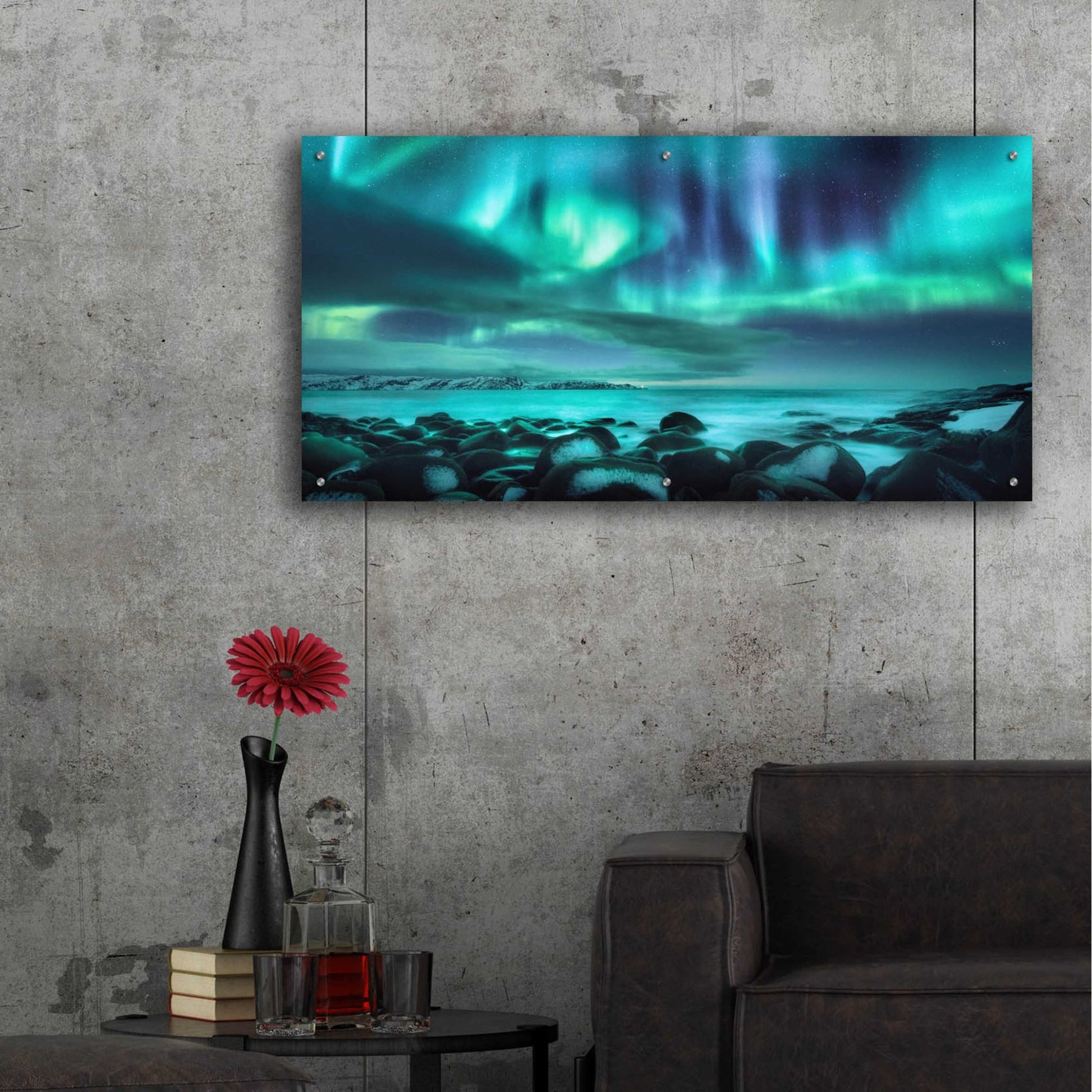 Epic Art 'Northern Lights Aurora Borealis Over Ocean' by Epic Portfolio, Acrylic Glass Wall Art,48x24