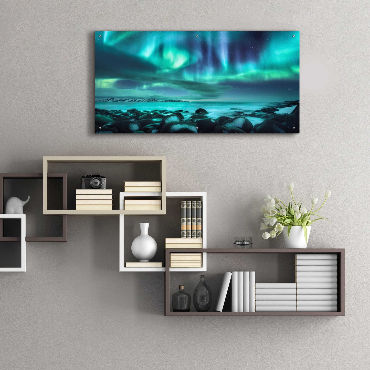 Epic Art 'Northern Lights Aurora Borealis Over Ocean' by Epic Portfolio, Acrylic Glass Wall Art,48x24