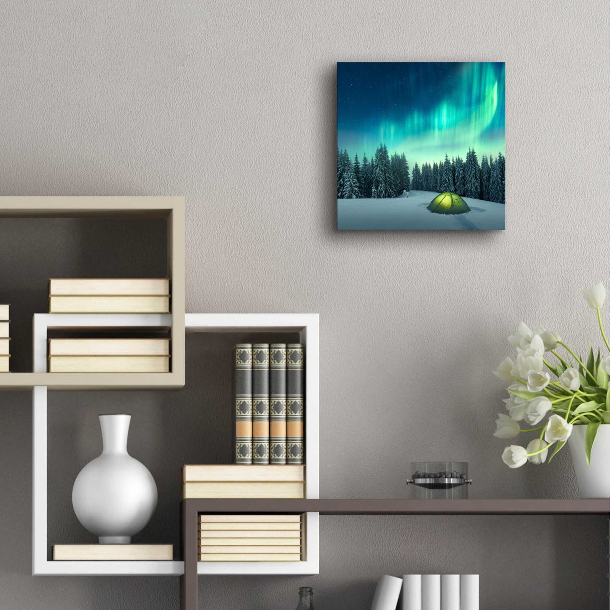 Epic Art 'Northern Lights In Winter Forest 1' by Epic Portfolio, Acrylic Glass Wall Art,12x12