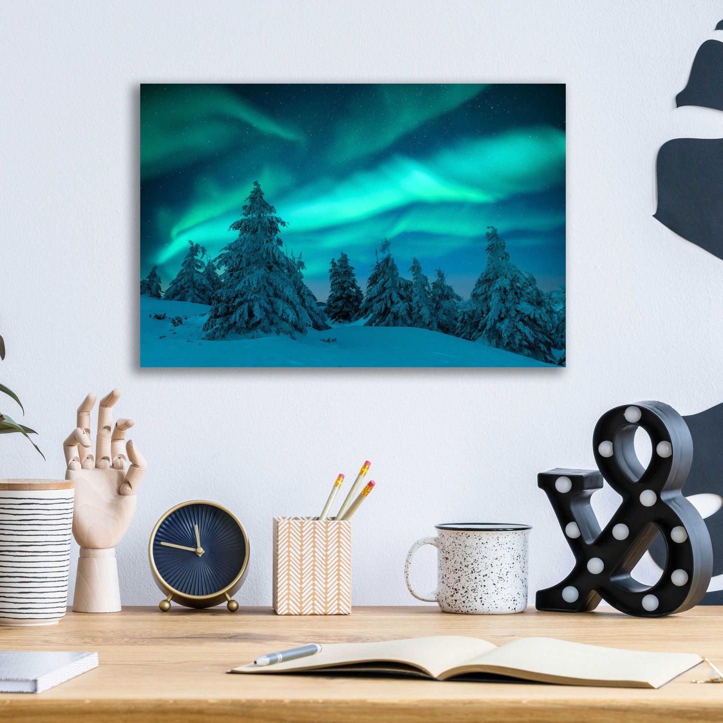 Epic Art 'Northern Lights In Winter Forest 2' by Epic Portfolio, Acrylic Glass Wall Art,16x12