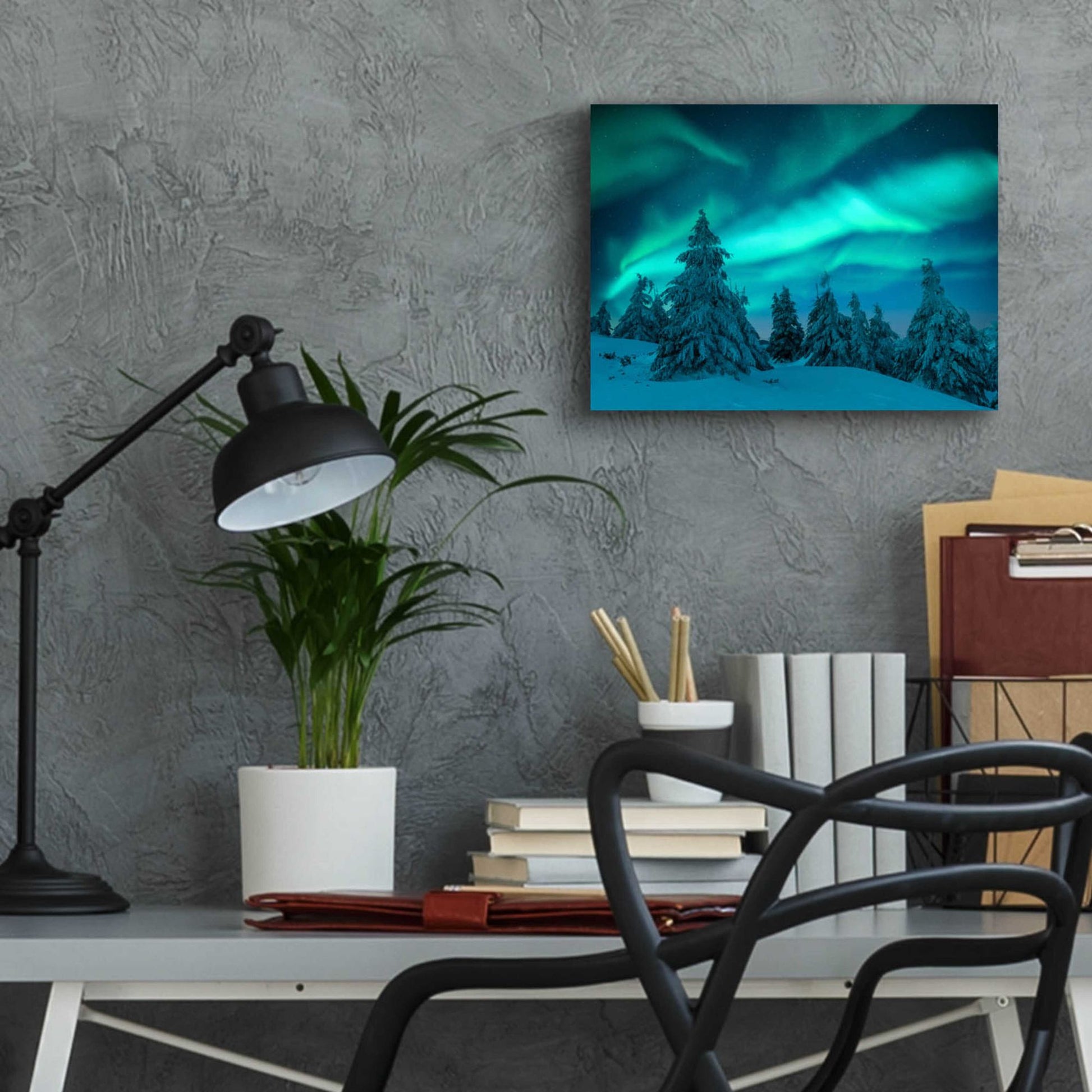 Epic Art 'Northern Lights In Winter Forest 2' by Epic Portfolio, Acrylic Glass Wall Art,16x12