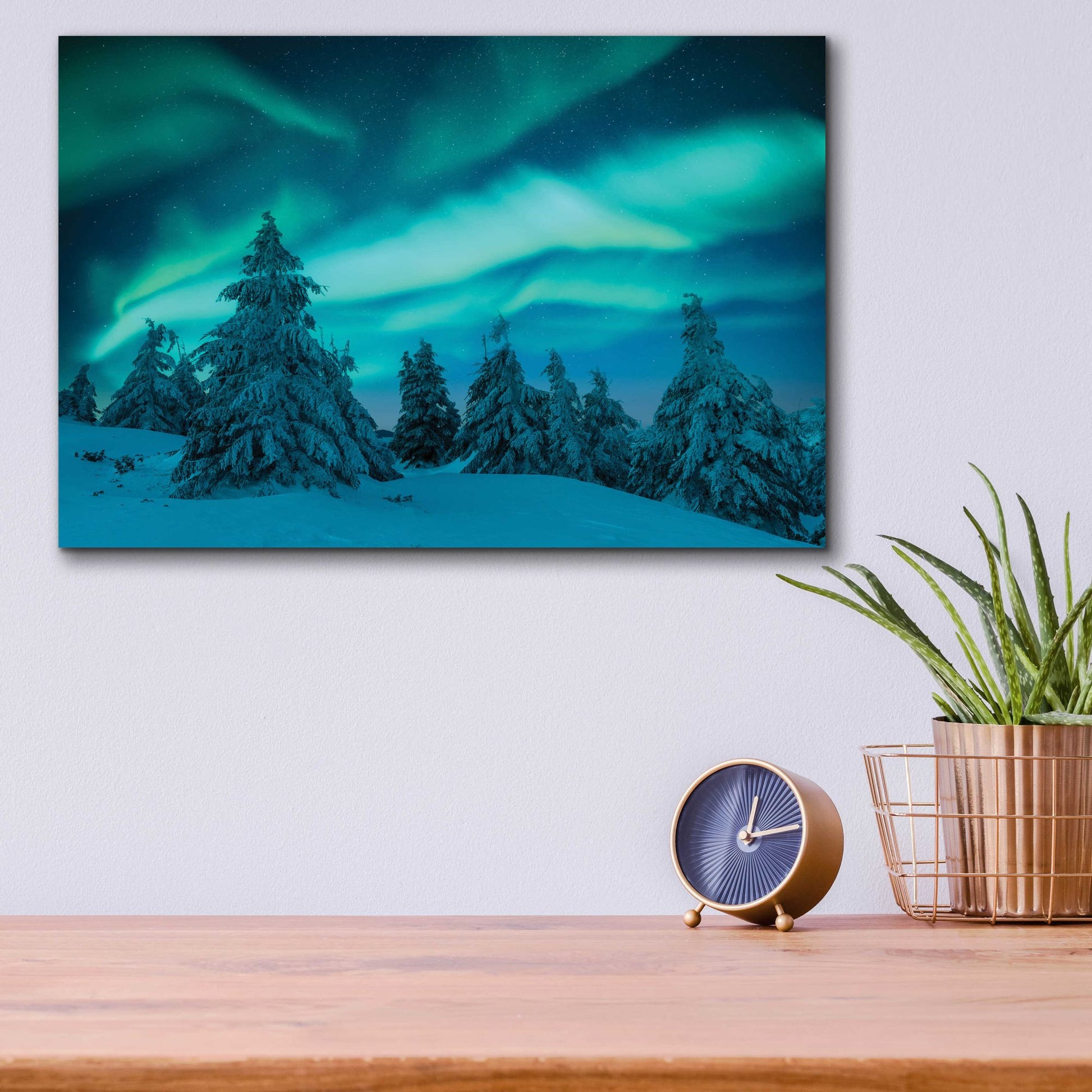 Epic Art 'Northern Lights In Winter Forest 2' by Epic Portfolio, Acrylic Glass Wall Art,16x12