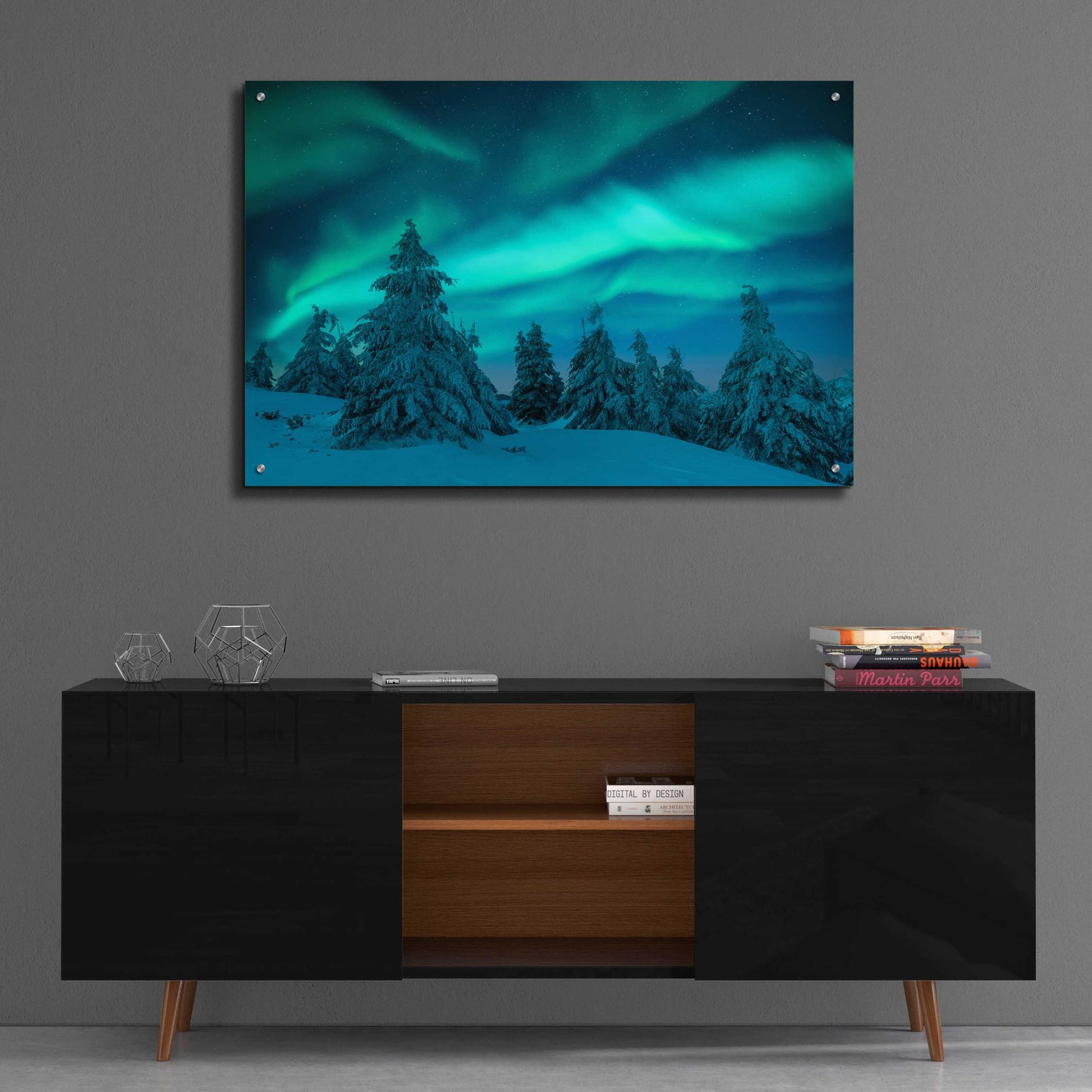 Epic Art 'Northern Lights In Winter Forest 2' by Epic Portfolio, Acrylic Glass Wall Art,36x24