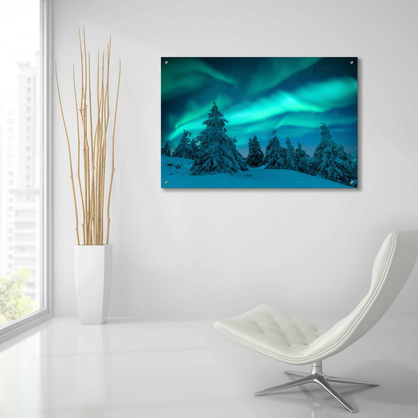 Epic Art 'Northern Lights In Winter Forest 2' by Epic Portfolio, Acrylic Glass Wall Art,36x24