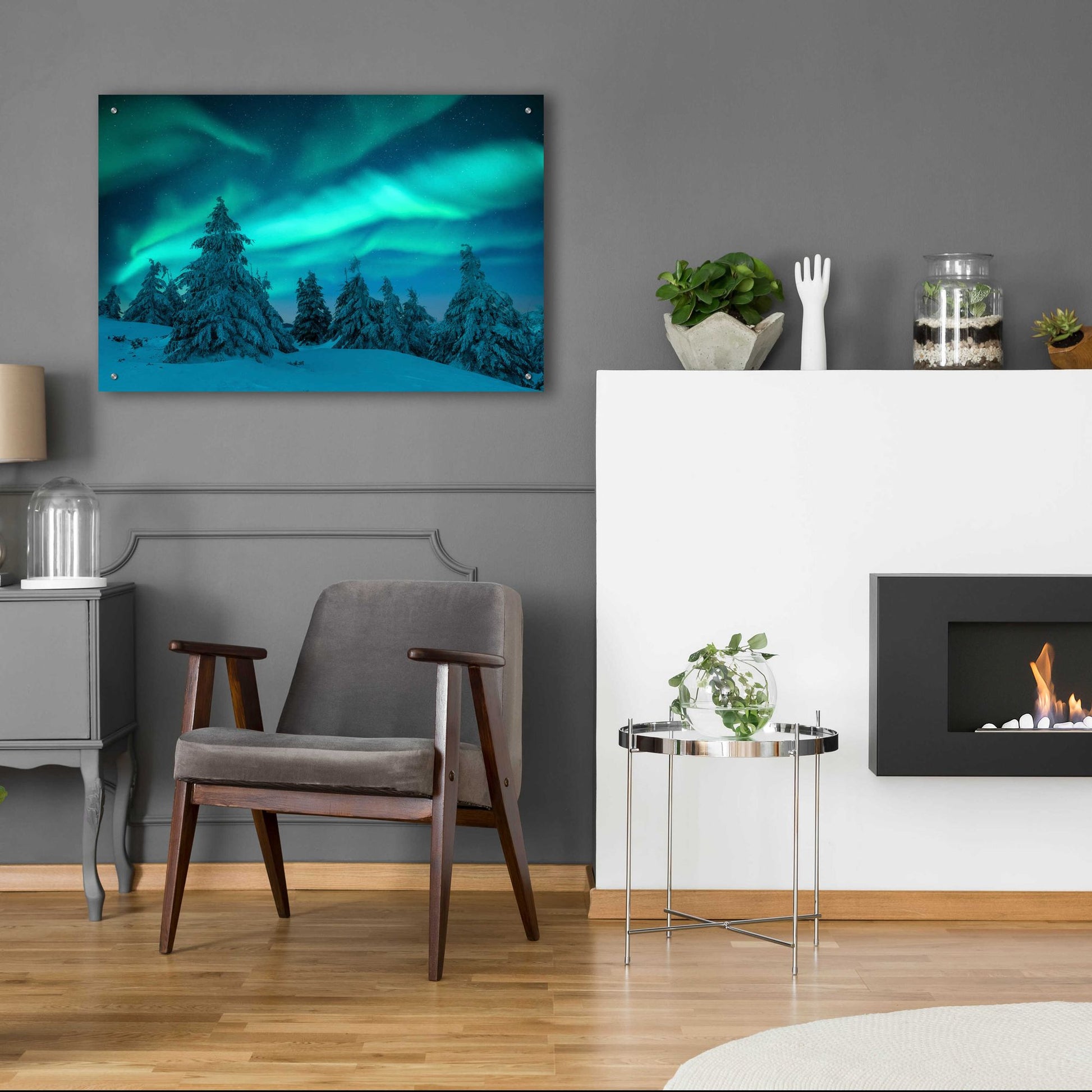 Epic Art 'Northern Lights In Winter Forest 2' by Epic Portfolio, Acrylic Glass Wall Art,36x24